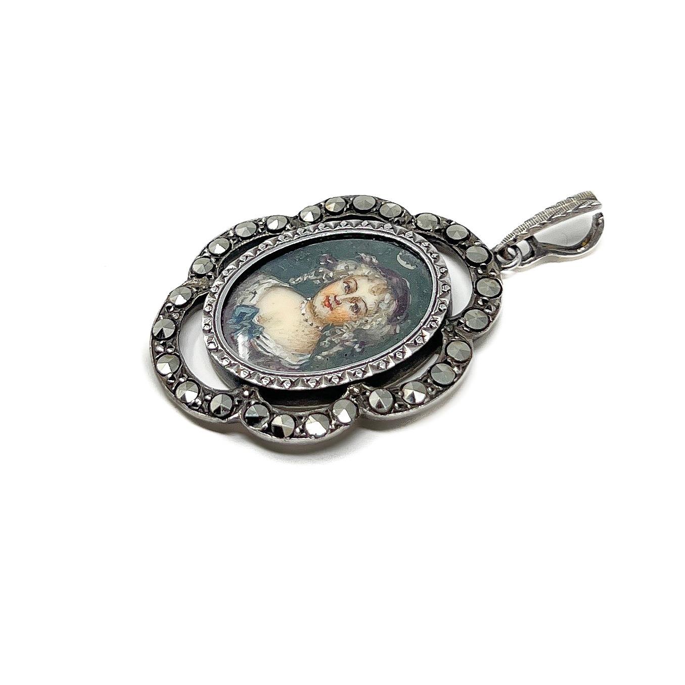 Women's Antique Mid 19th Century French Portrait Miniature Silver and Marcasite Pendant For Sale