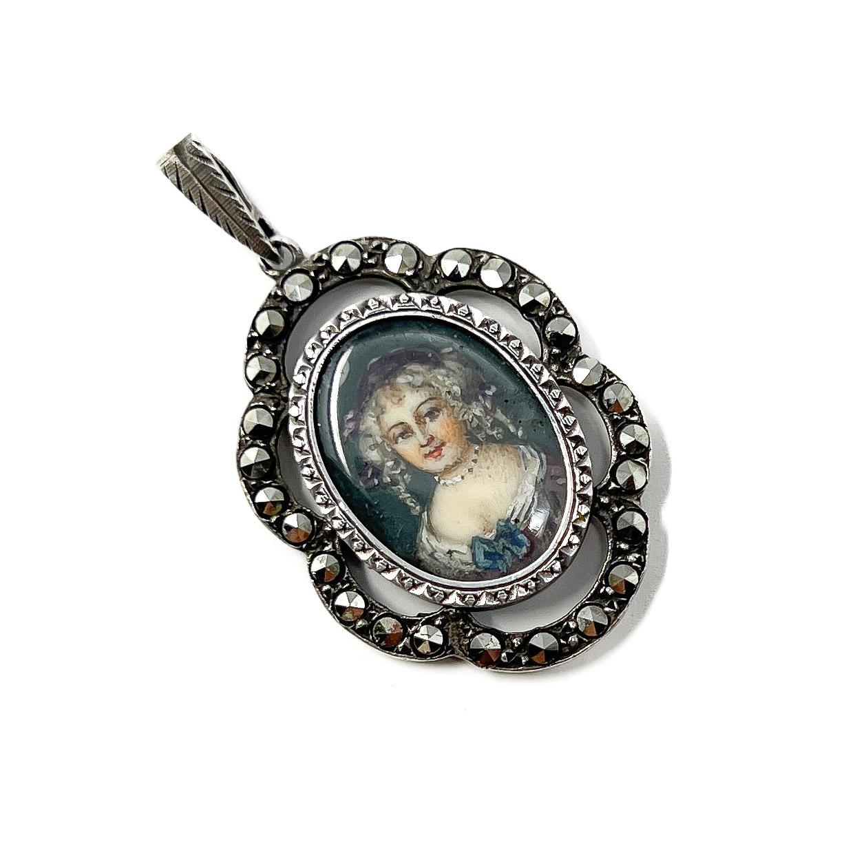 Antique Mid 19th Century French Portrait Miniature Silver and Marcasite Pendant For Sale