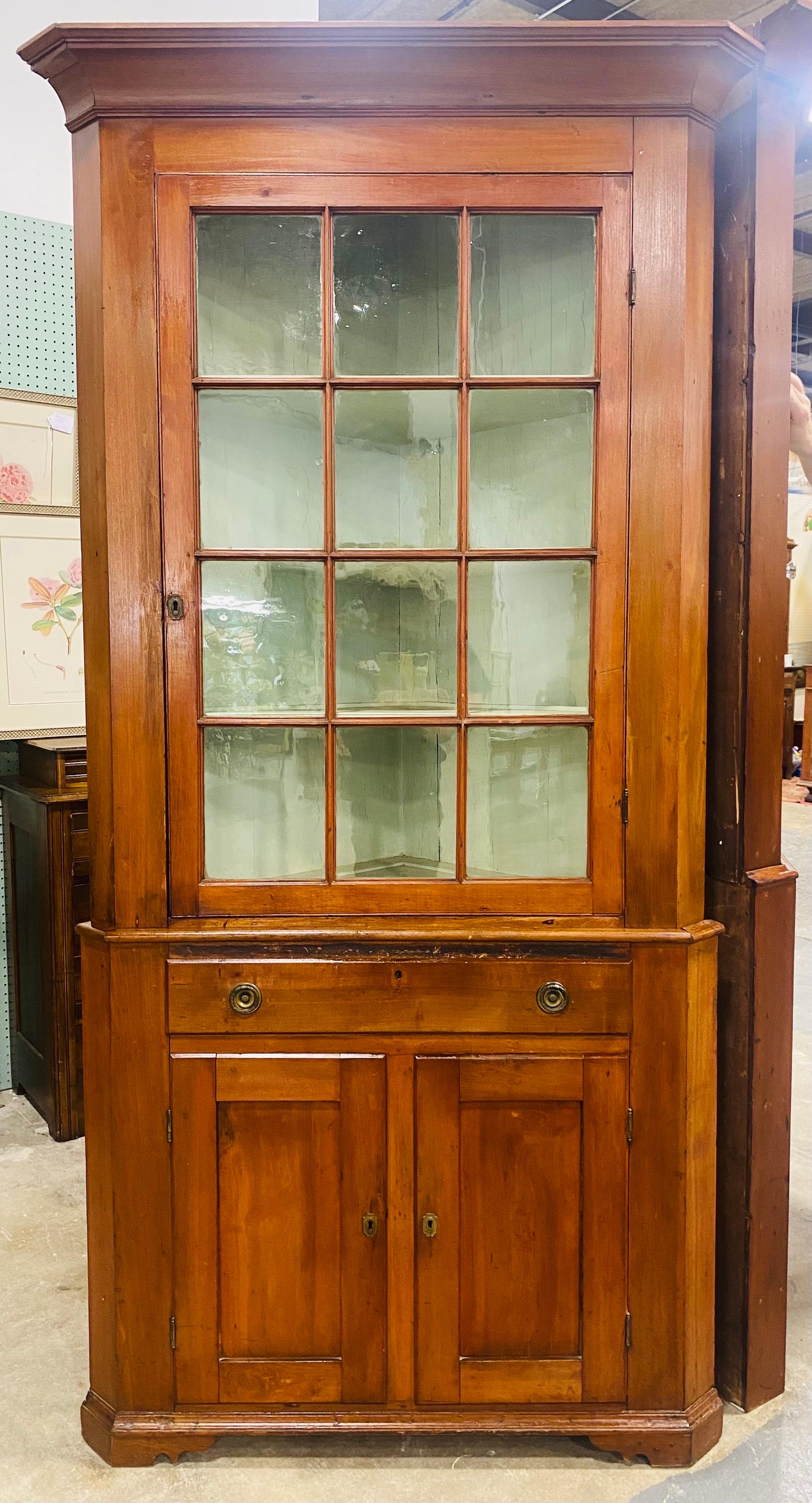 Wood Antique mid 19th century handmade American Cherrywood corner cabinet
