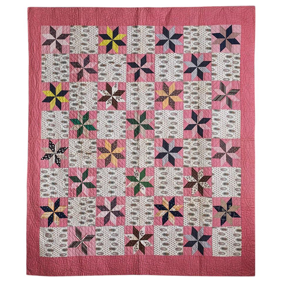 Antique Mid-19th Century Handmade Patchwork "Cross Roads" Quilt in Pink Patterns