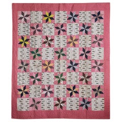 Antique Mid-19th Century Handmade Patchwork "Cross Roads" Quilt in Pink Patterns