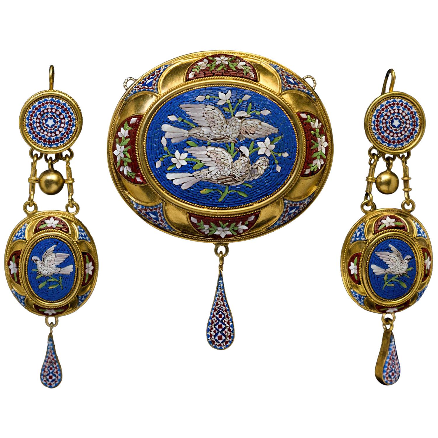 Antique Mid-19th Century Italian Micro Mosaic Gold Set
