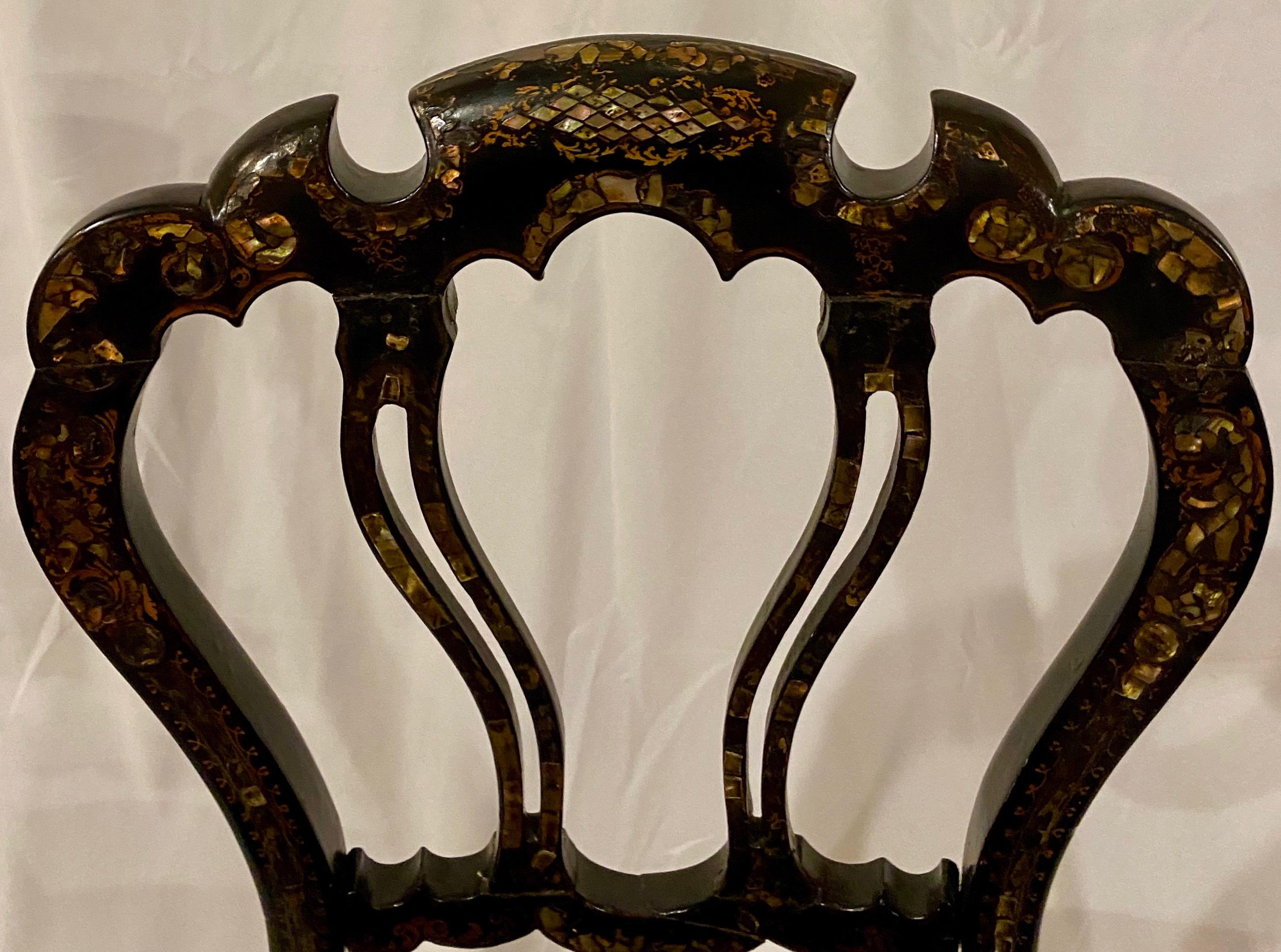 Antique Mid-19th Century Lacquer Side Chairs with Mother of Pearl Inlay In Good Condition For Sale In New Orleans, LA