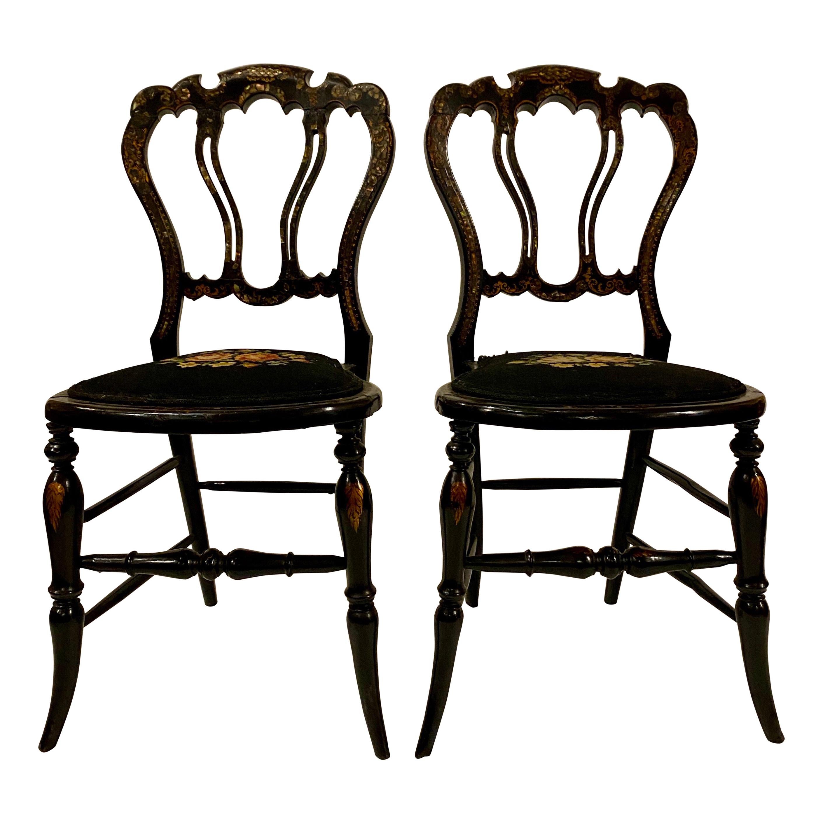 Antique Mid-19th Century Lacquer Side Chairs with Mother of Pearl Inlay For Sale