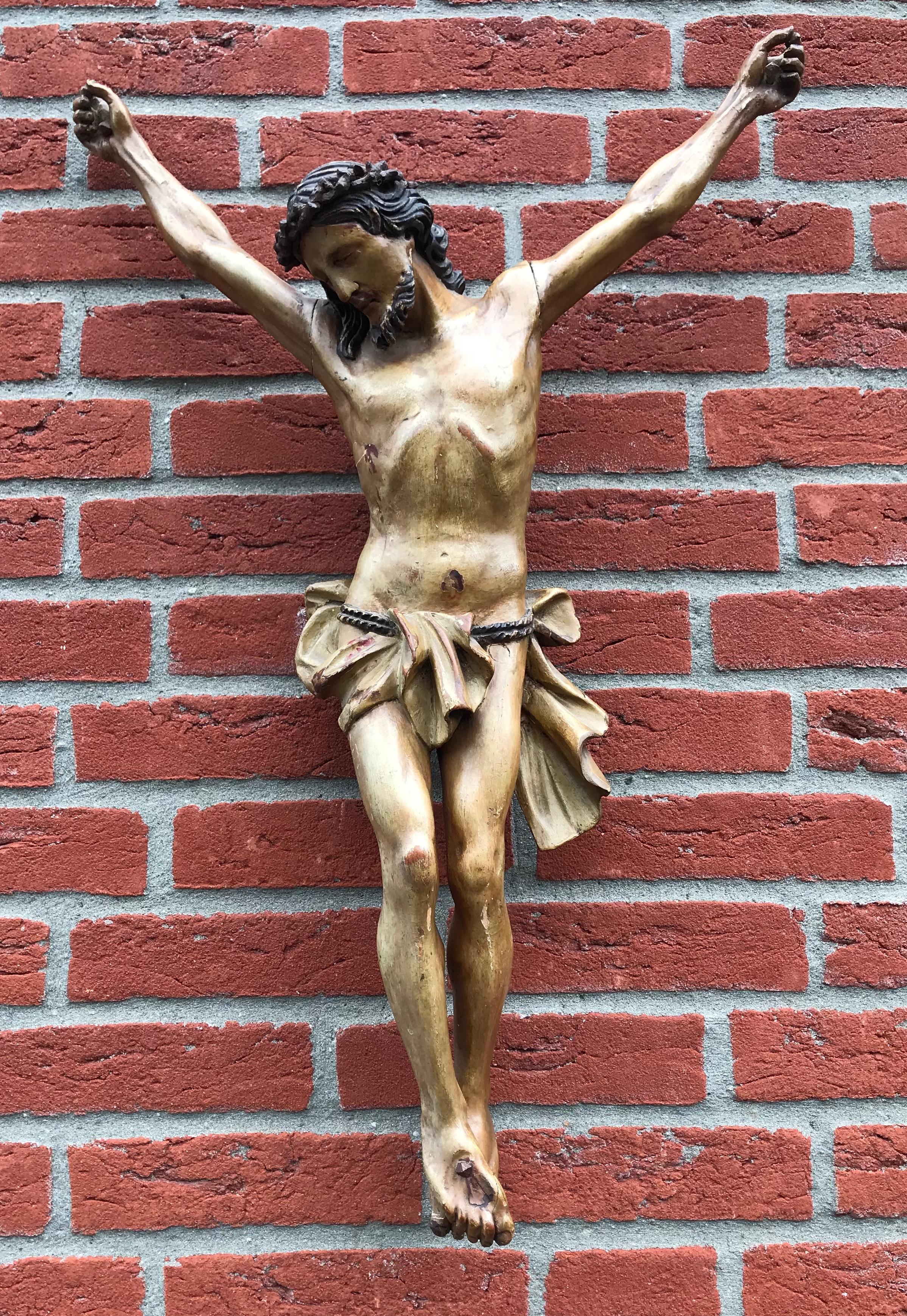 Antique Mid-19th Century Quality Carved and Tall Wooden Corpus of Christ 6