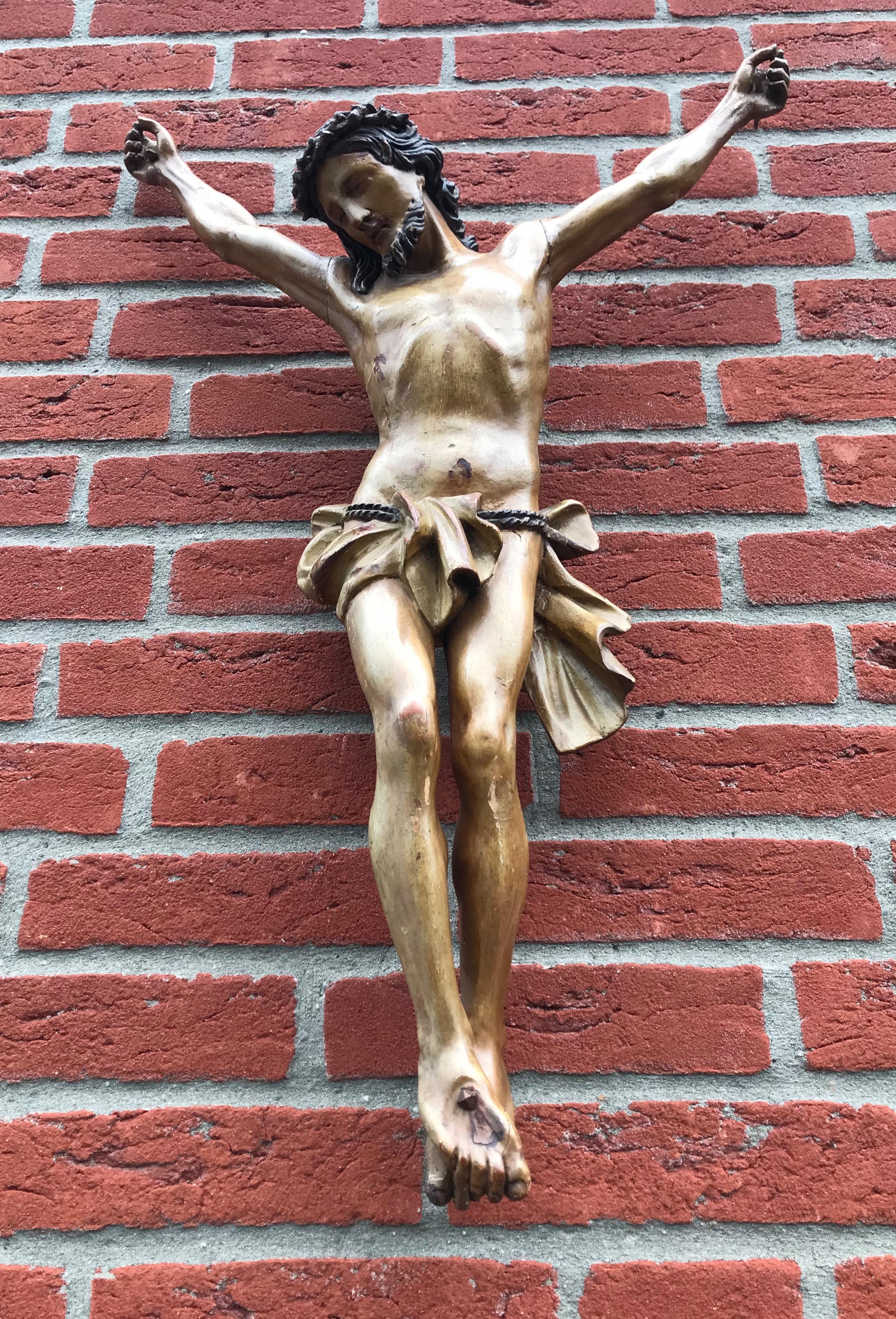 Antique Mid-19th Century Quality Carved and Tall Wooden Corpus of Christ 7