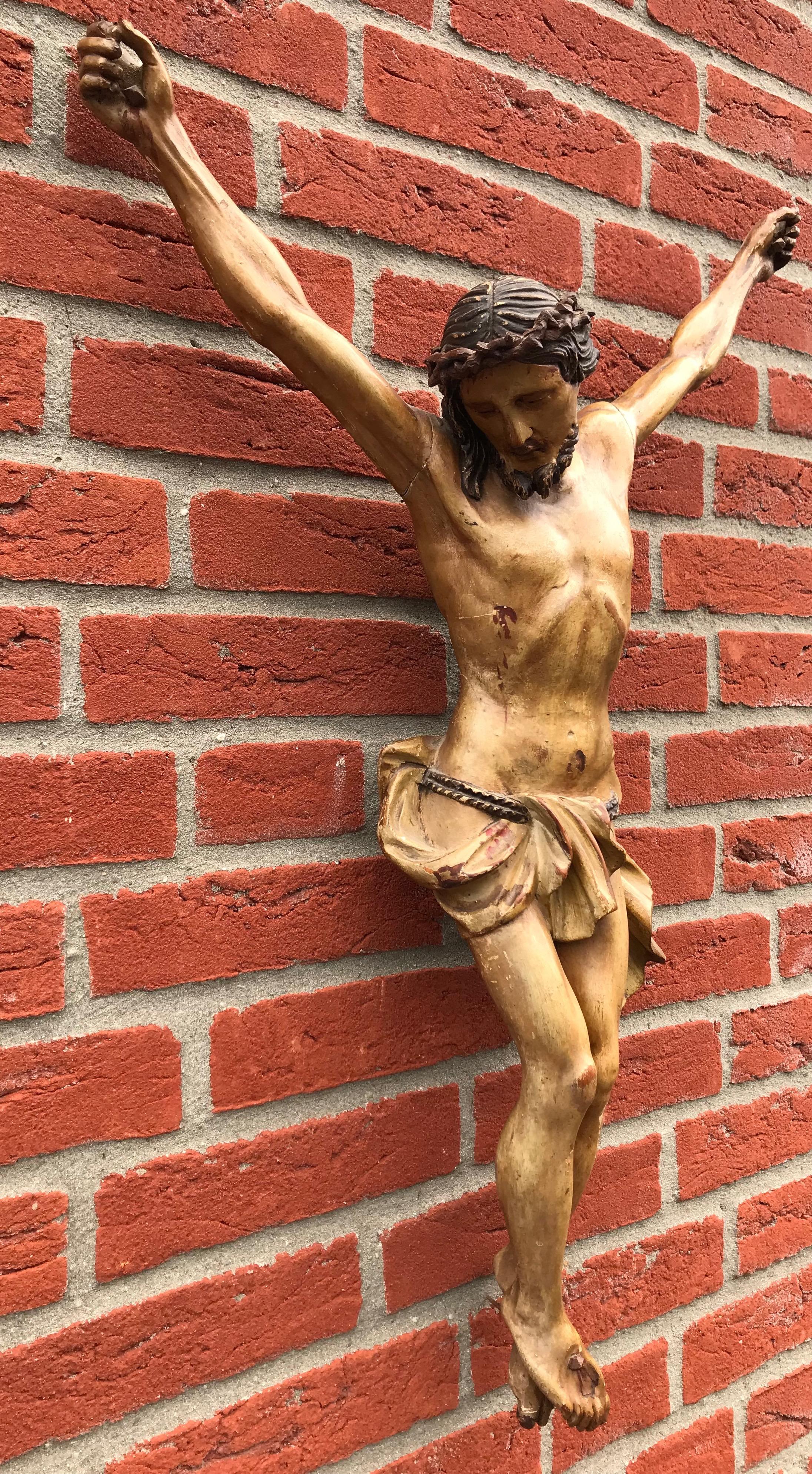 Antique Mid-19th Century Quality Carved and Tall Wooden Corpus of Christ 12