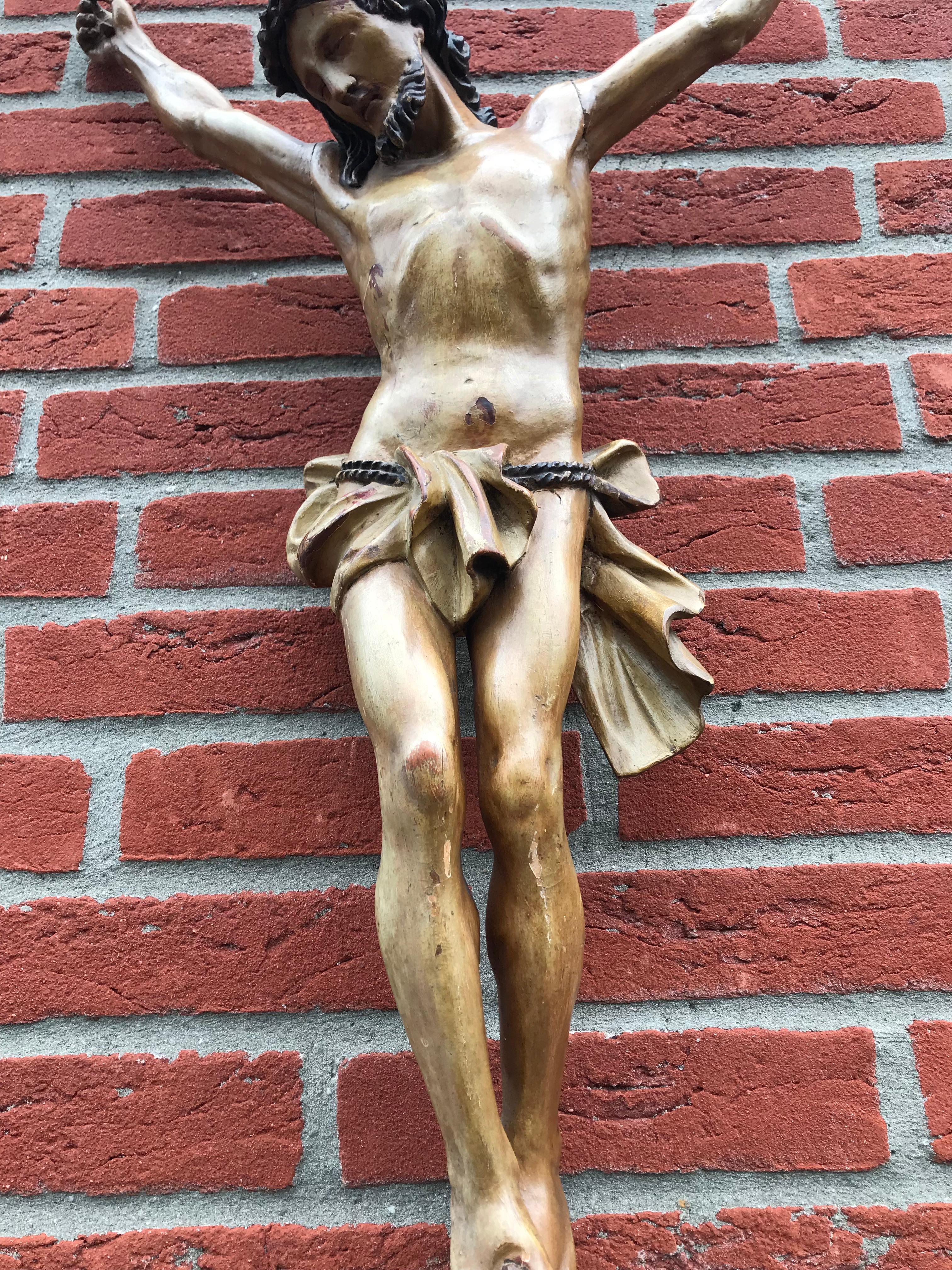 Antique Mid-19th Century Quality Carved and Tall Wooden Corpus of Christ 13