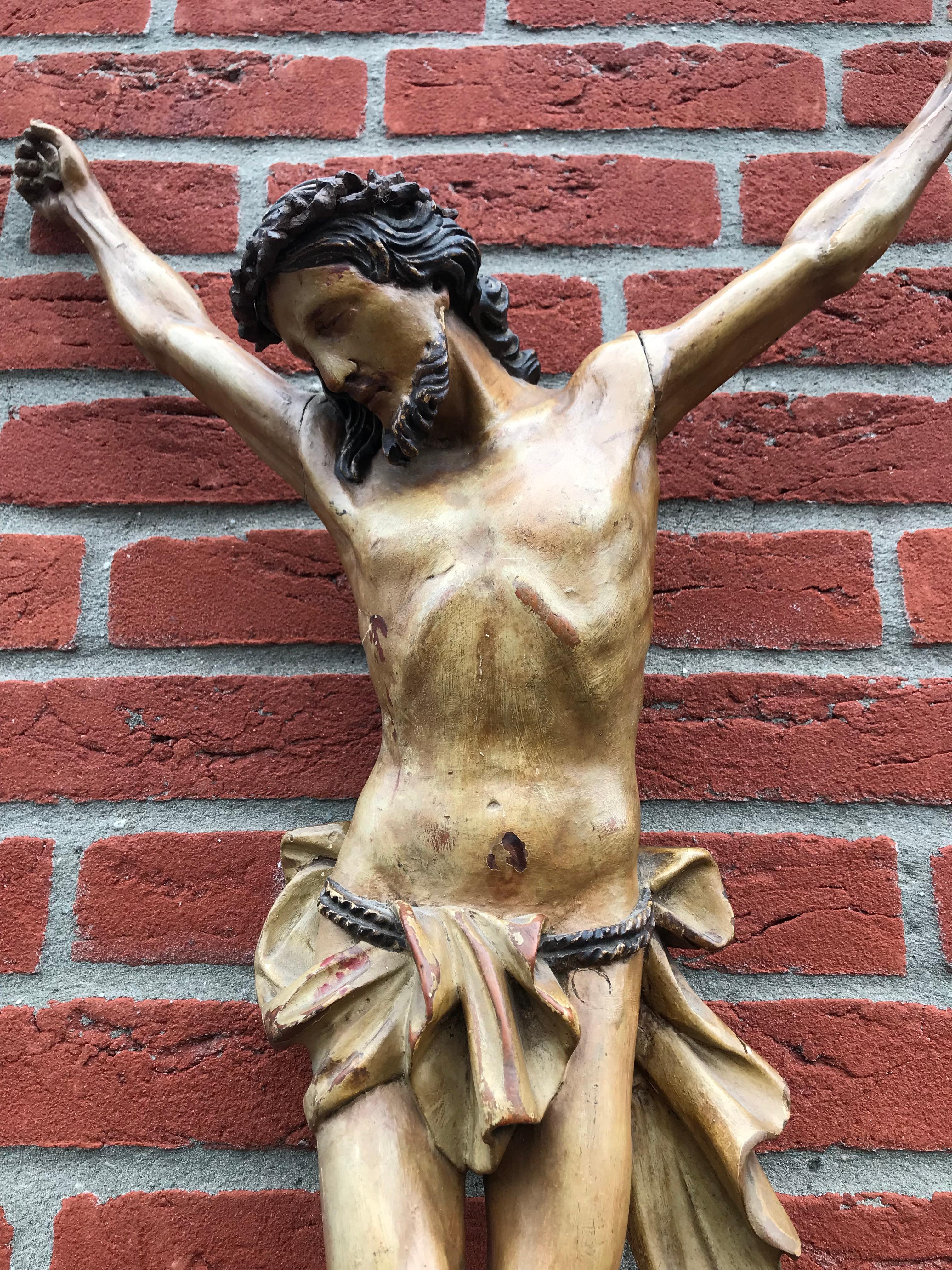 Amazing sculpture and an impressive work of religious art. 

Whenever we find a hand-carved corpus of Christ, we always first look at the details, the uniqueness, the condition and the overall 'look and feel'. This both handcrafted and hand-painted