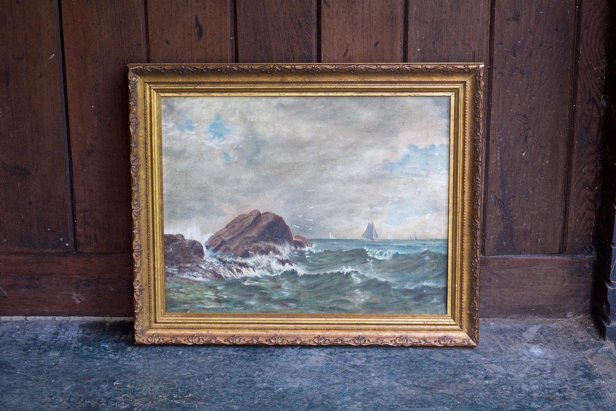 Unsigned Maritime oil painting. Very good quality, by the hand of a professional painter. The painting is soiled from 100 years of exposure. The frame has some losses (chips) to the gilt plastering.

Canvas without Frame W 18.25 x H 14.25 in.