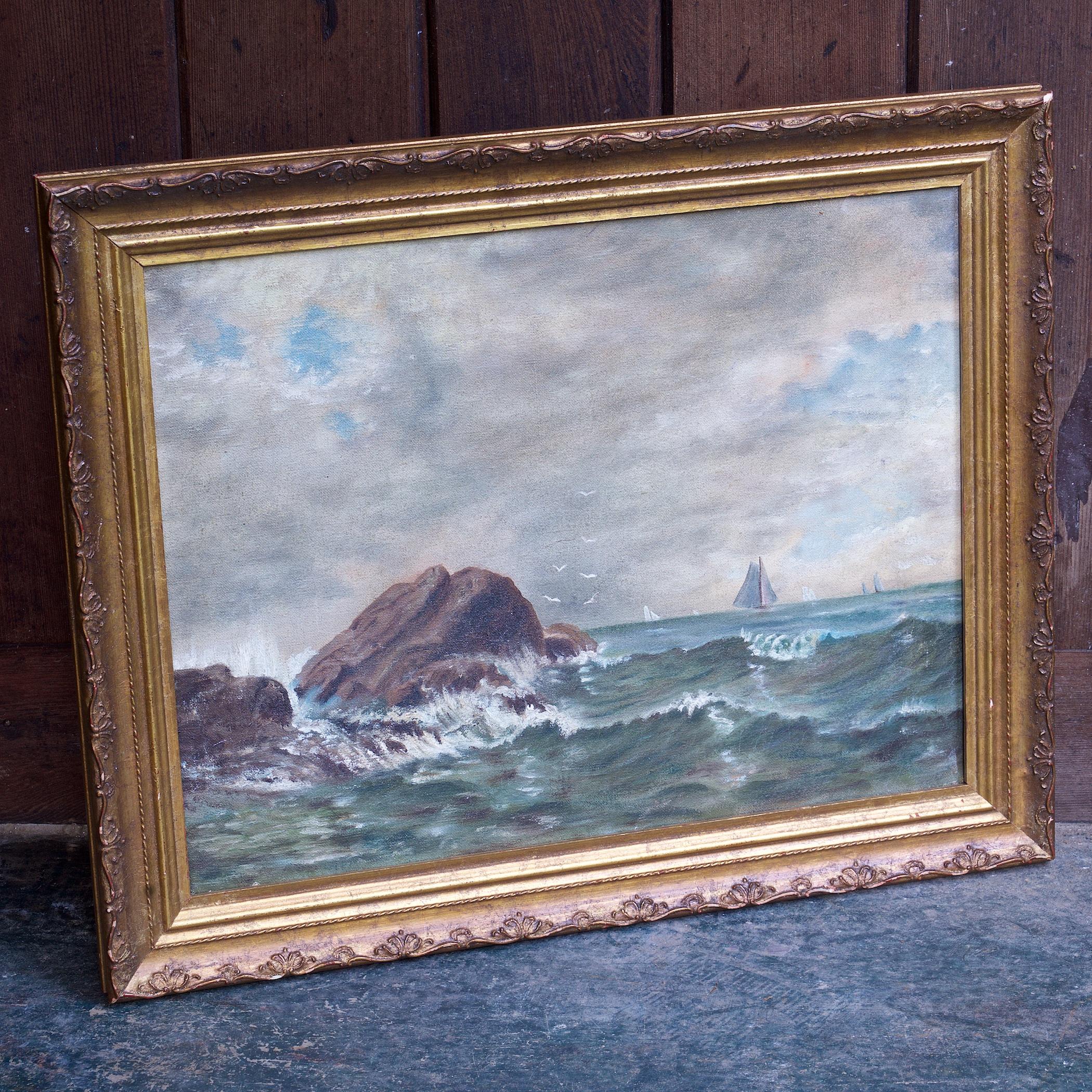 Classique américain Peinture à l'huile ancienne du milieu du 19e siècle représentant un paysage marin avec des rochers et un navire en vente