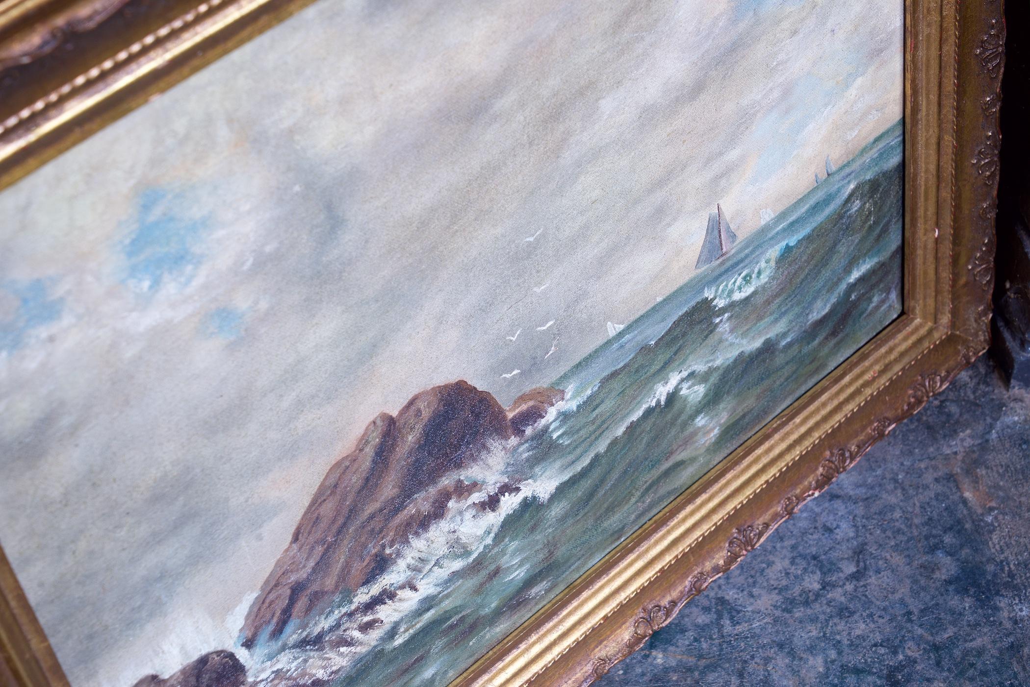Antikes Meereslandschaft, Ölgemälde mit Felsen und Schiff, Mitte des 19. Jahrhunderts (amerikanisch) im Angebot