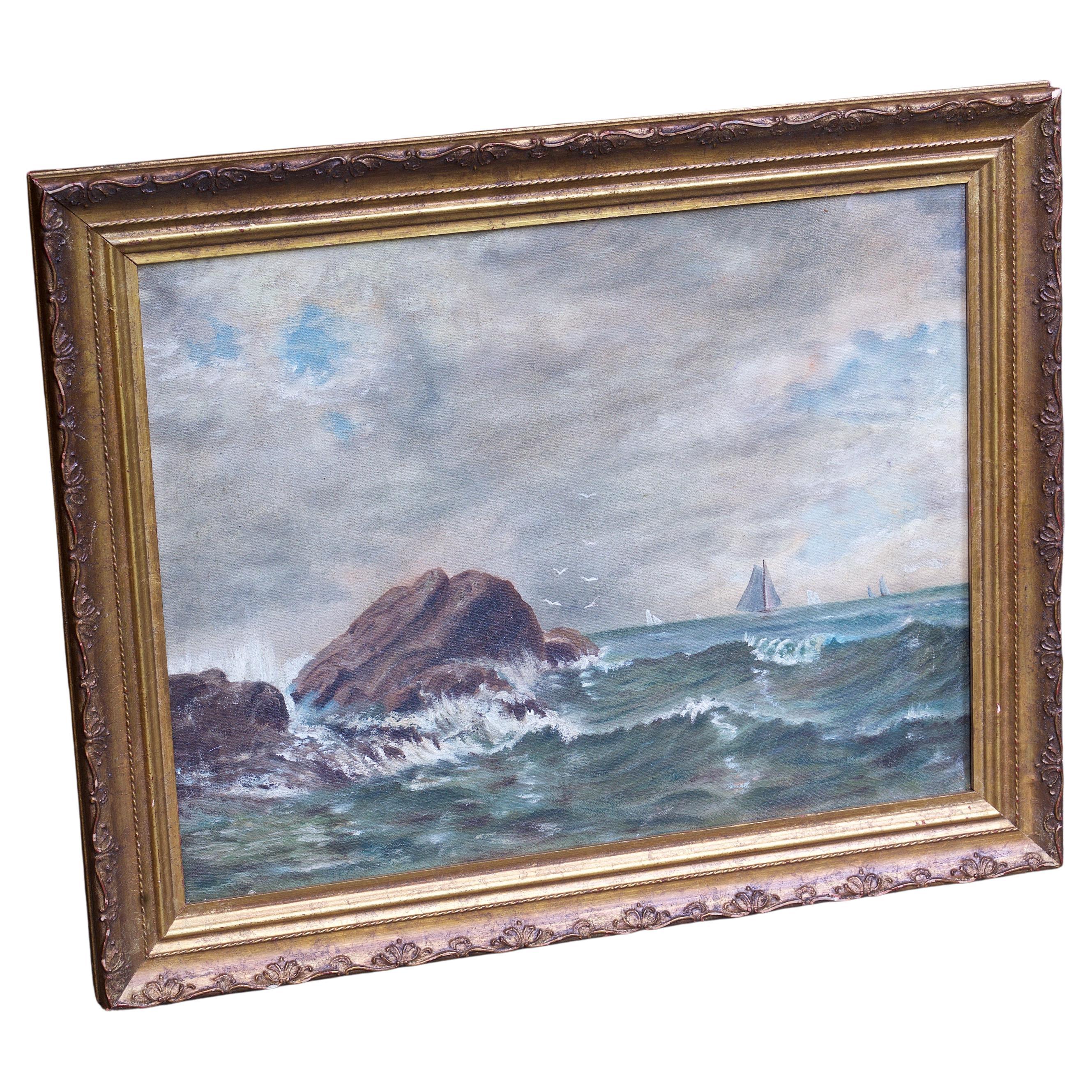 Peinture à l'huile ancienne du milieu du 19e siècle représentant un paysage marin avec des rochers et un navire en vente