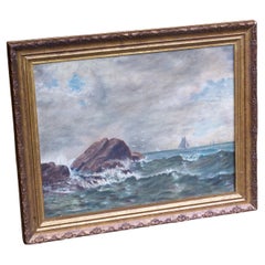 Antique Mid 19th Century Seascape Oil Painting with Rocks and Ship