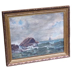 Peinture à l'huile ancienne du milieu du 19e siècle représentant un paysage marin avec des rochers et un navire