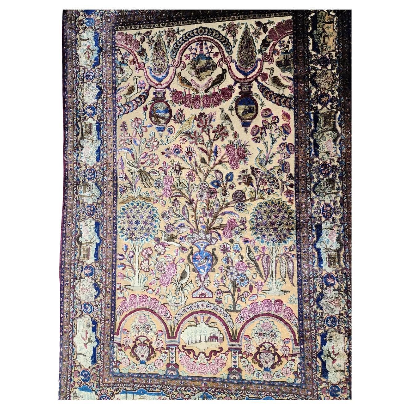 Antiker Souf Kashan Persischer Seiden-Goldfaden-Teppich mit 3D-prägung aus der Mitte des 19. Jahrhunderts  im Angebot