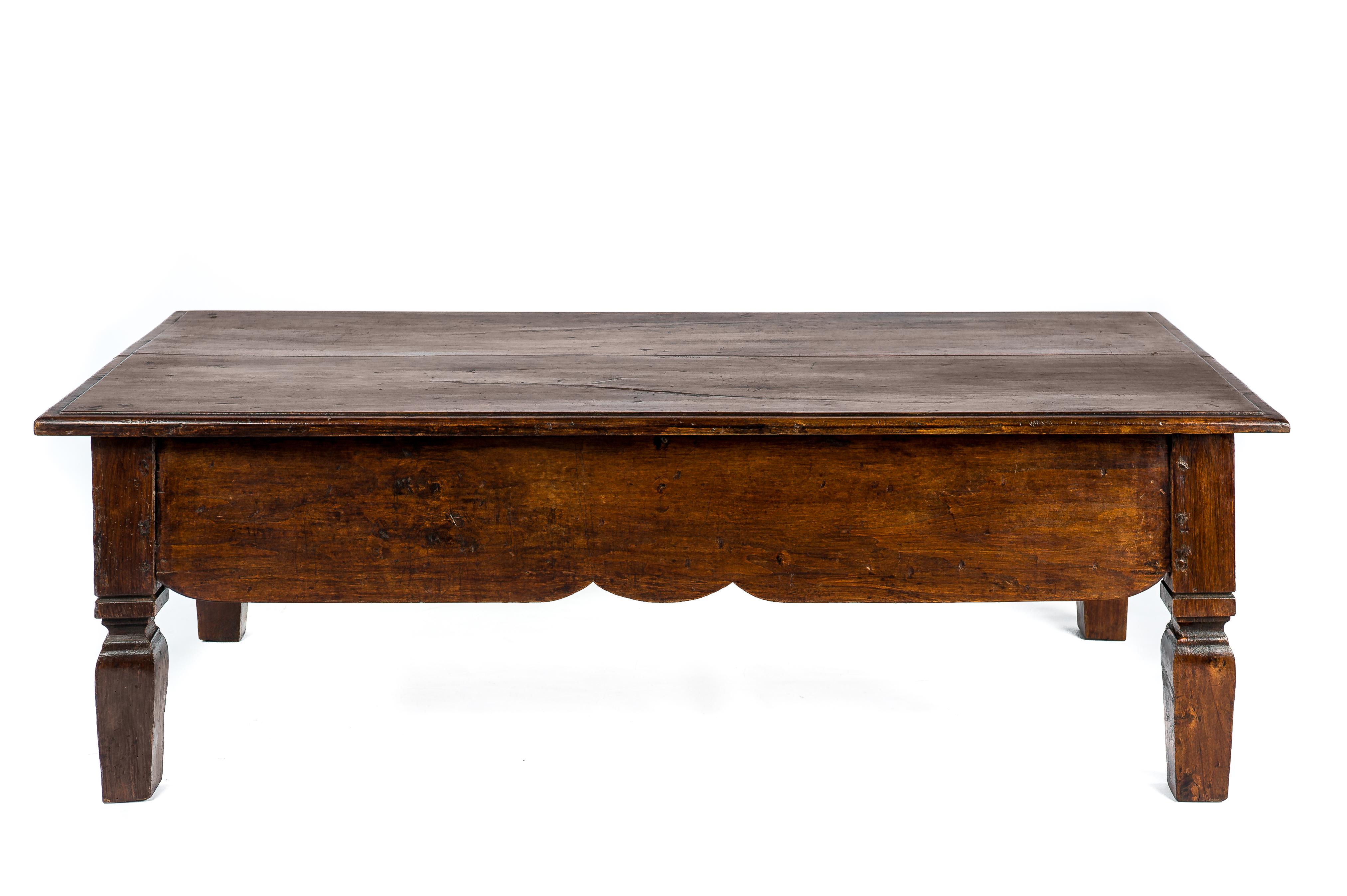 Polished Antique Mid 19th-Century Spanish Rural Warm Brown Solid Elm Coffee Table