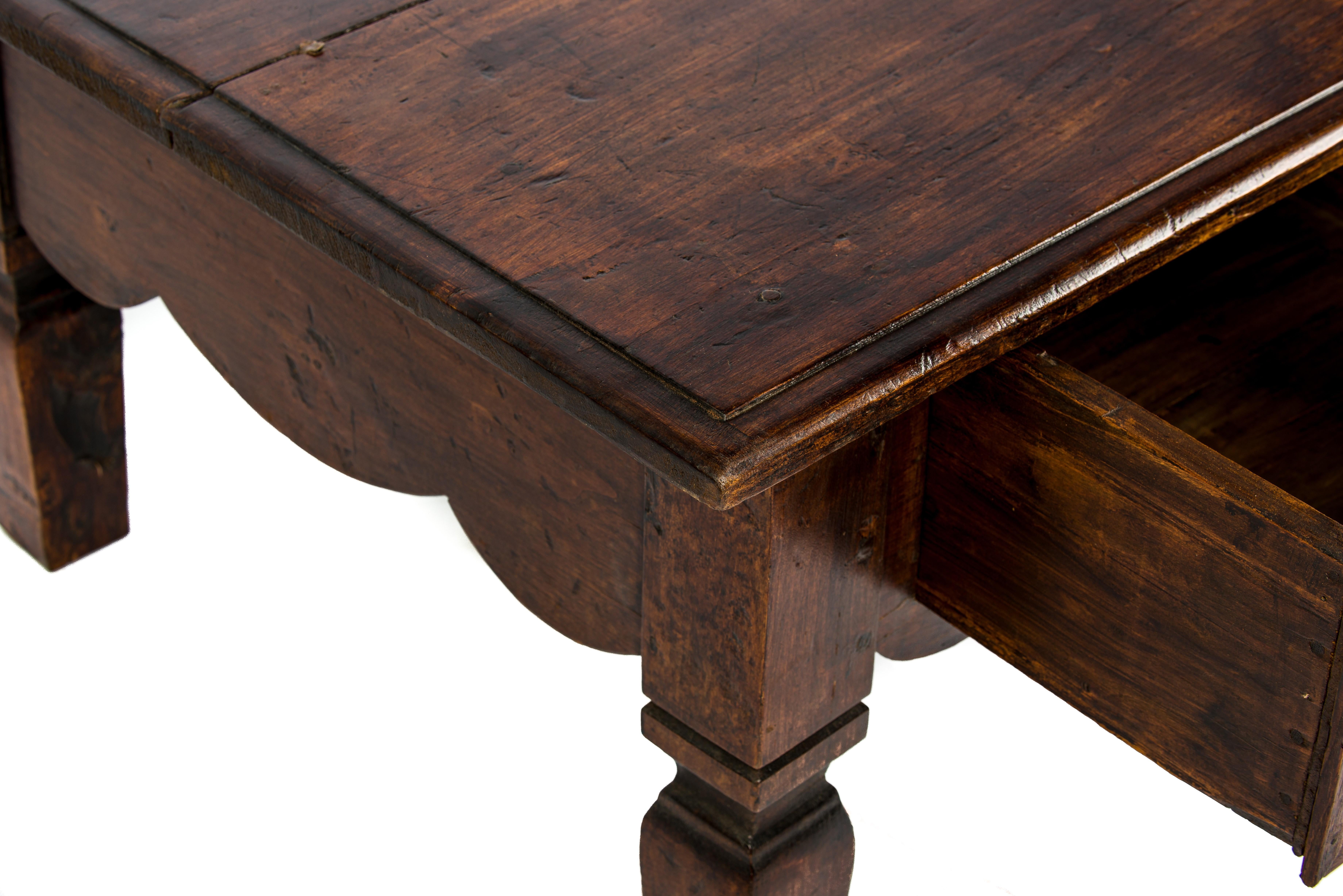 Brass Antique Mid 19th-Century Spanish Rural Warm Brown Solid Elm Coffee Table