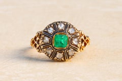 Antique Mid-19th Century Step Cut Emerald and Rose Cut Diamond Enamelled Cluster