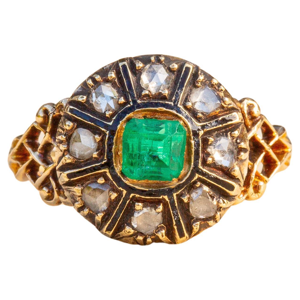 Antique Mid-19th Century Step Cut Emerald and Rose Cut Diamond Enamelled Cluster For Sale