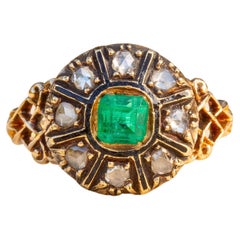 Antique Mid-19th Century Step Cut Emerald and Rose Cut Diamond Enamelled Cluster