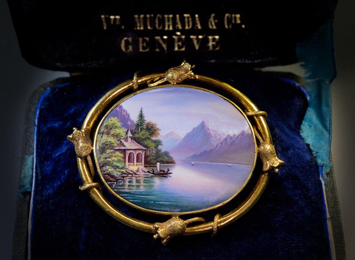 Victorien Broche ancienne suisse du milieu du XIXe siècle en or émaillé en vente