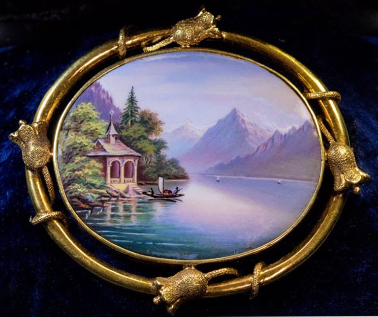 Women's Antique Mid-19th Century Swiss Enamel Gold Brooch Pin For Sale