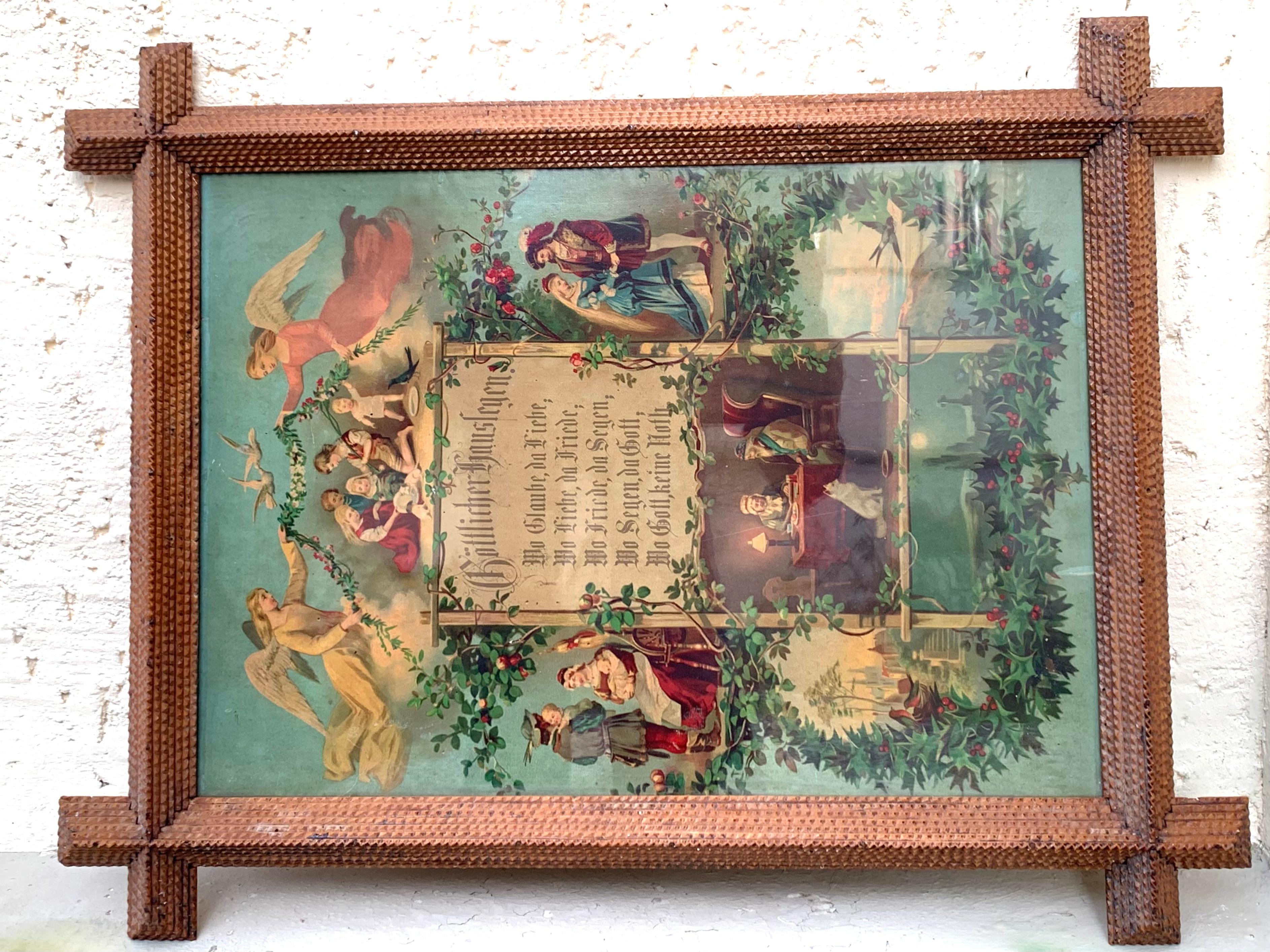 Antique Mid-19th Century Tramp Art Picture Frame Carved Oak For Sale 2