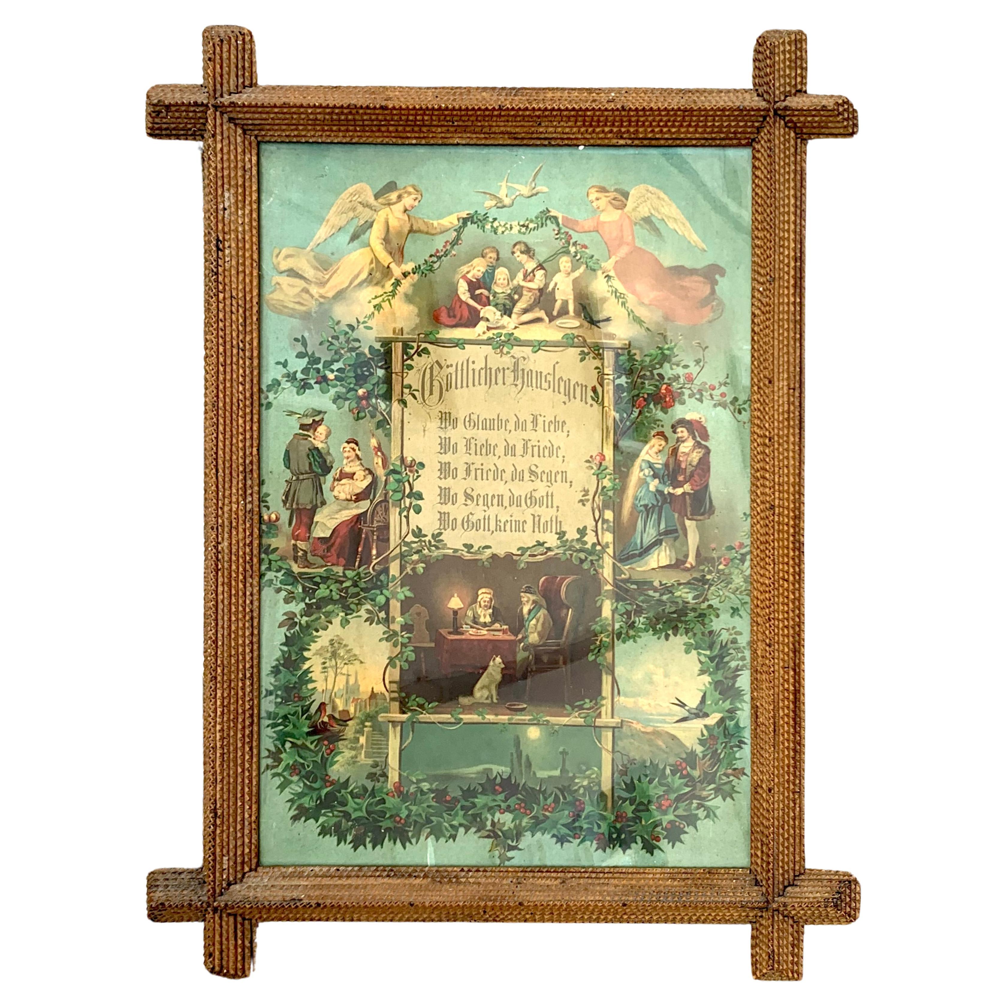 Antique Mid-19th Century Tramp Art Picture Frame Carved Oak For Sale