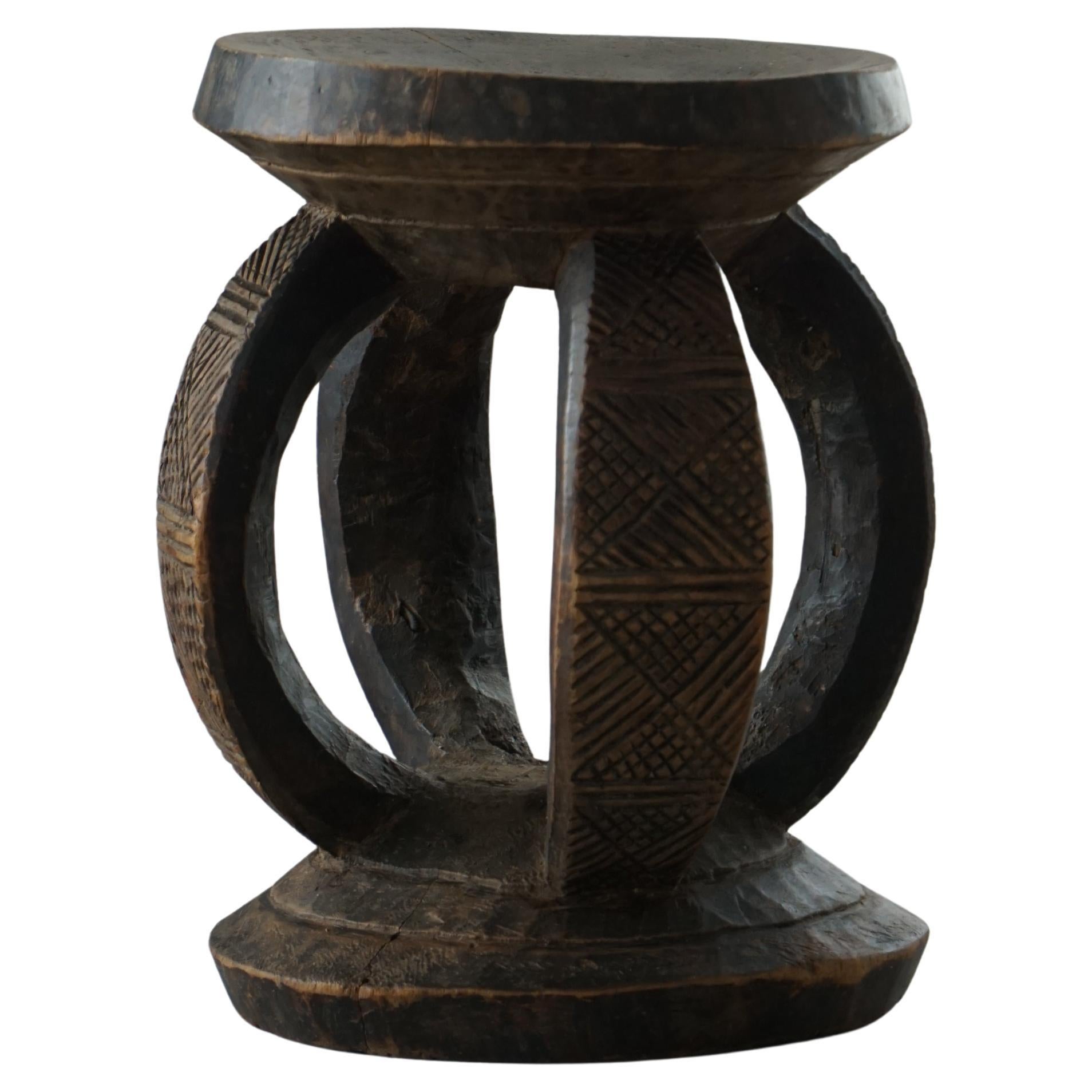 Antique Mid-20th Century African Dogon Hand-Carved Wood Stool, Wabi-Sabi Style