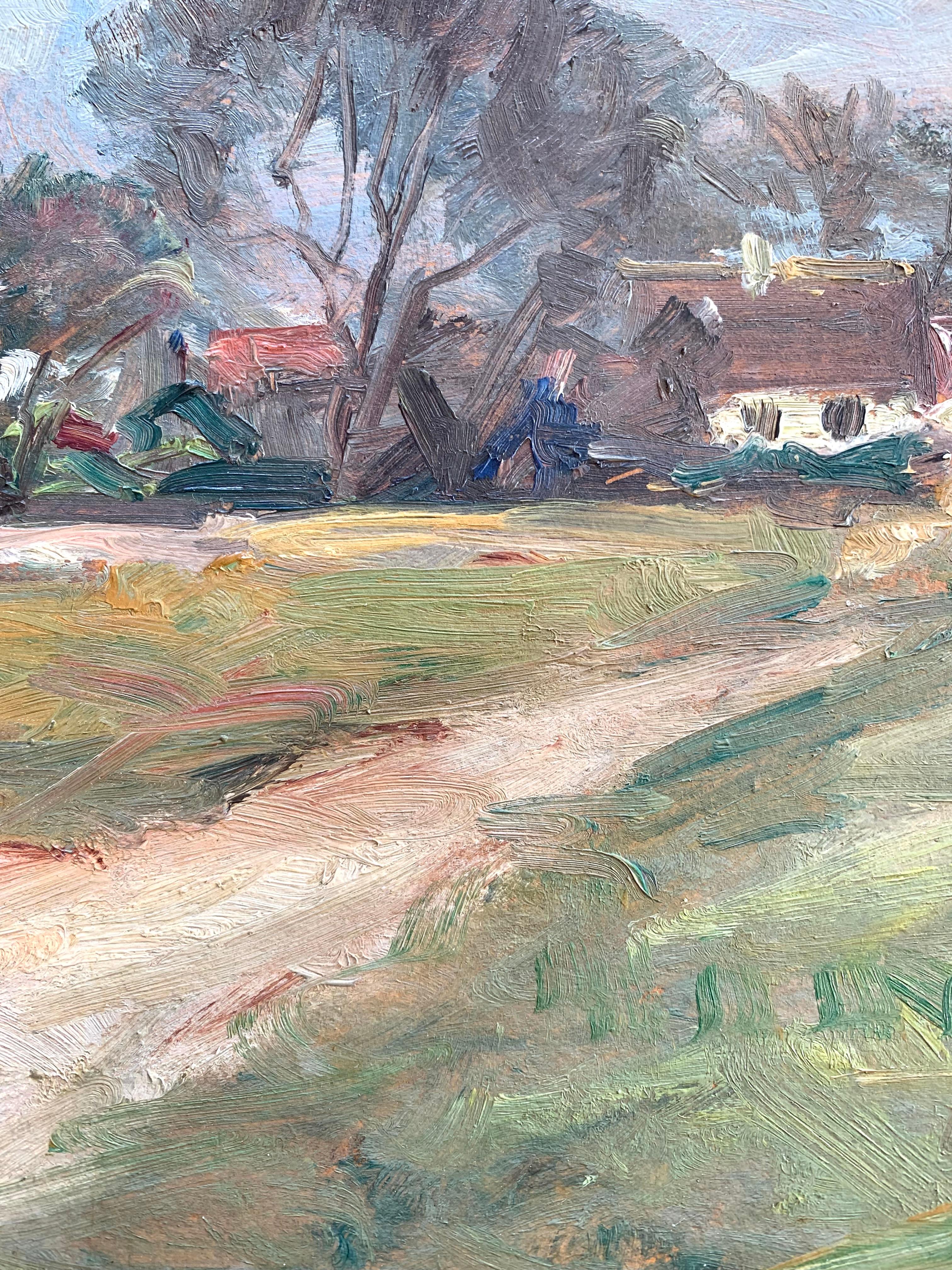 Antique early 20th century oil painting of countryside houses by Jacob Meyer en venta 3