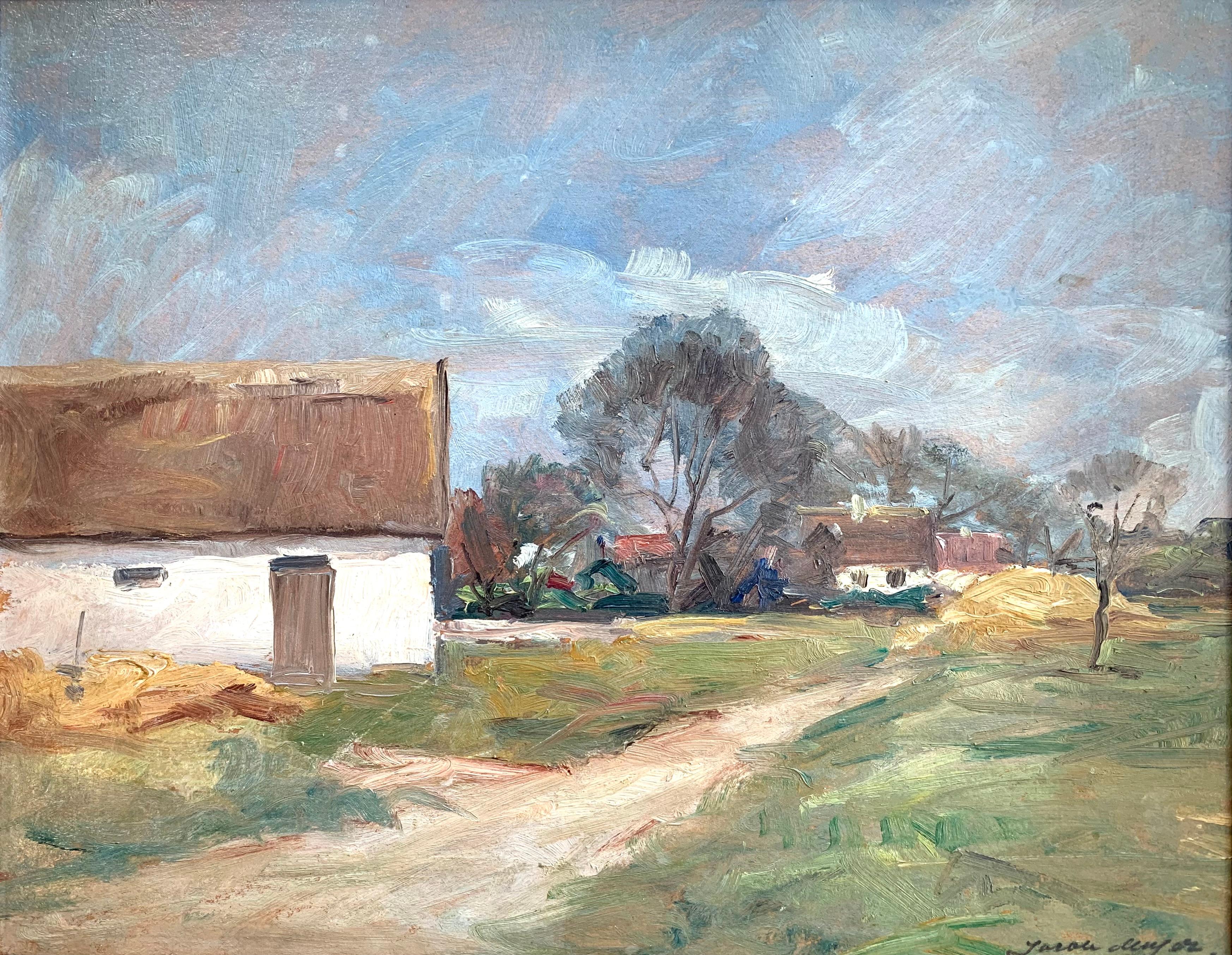 This is an original vintage Danish oil on plate painting of a rural landscape with houses and a clouded sky. The strokes of the painting is soft and expressive.

The painting is by Danish artist Jacob Meyer (1895-1971), known for both his landscape