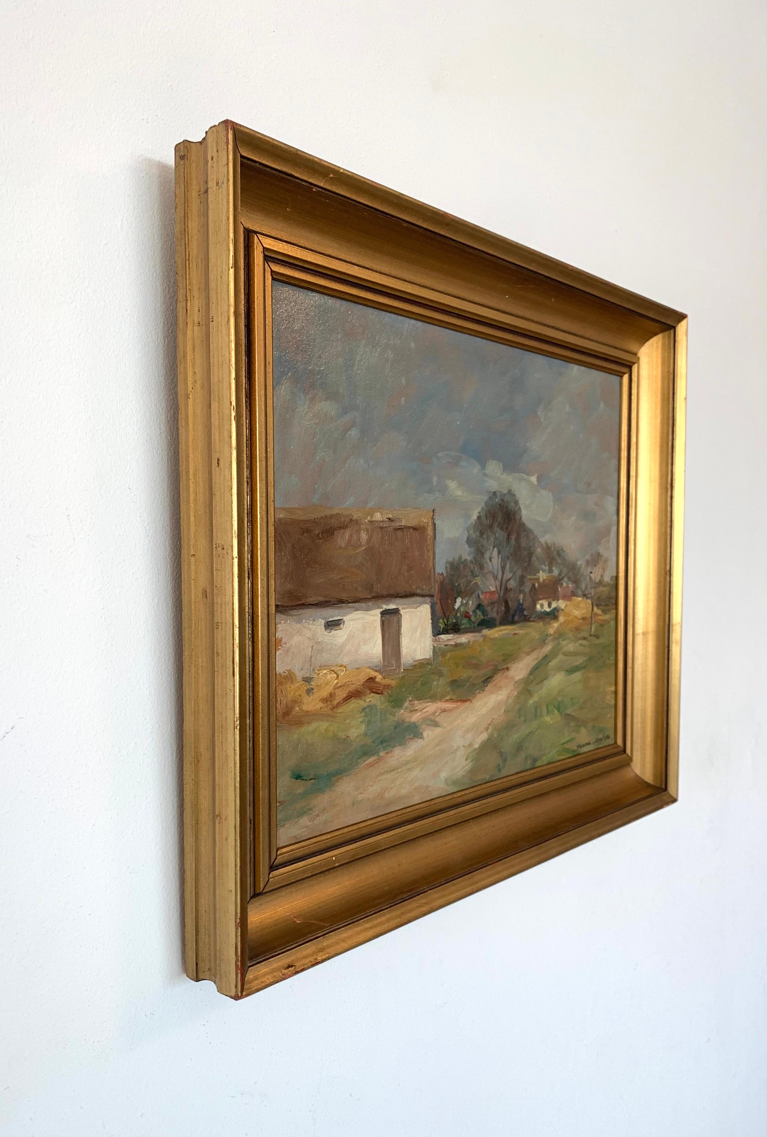 Antique early 20th century oil painting of countryside houses by Jacob Meyer Moderno de mediados de siglo en venta