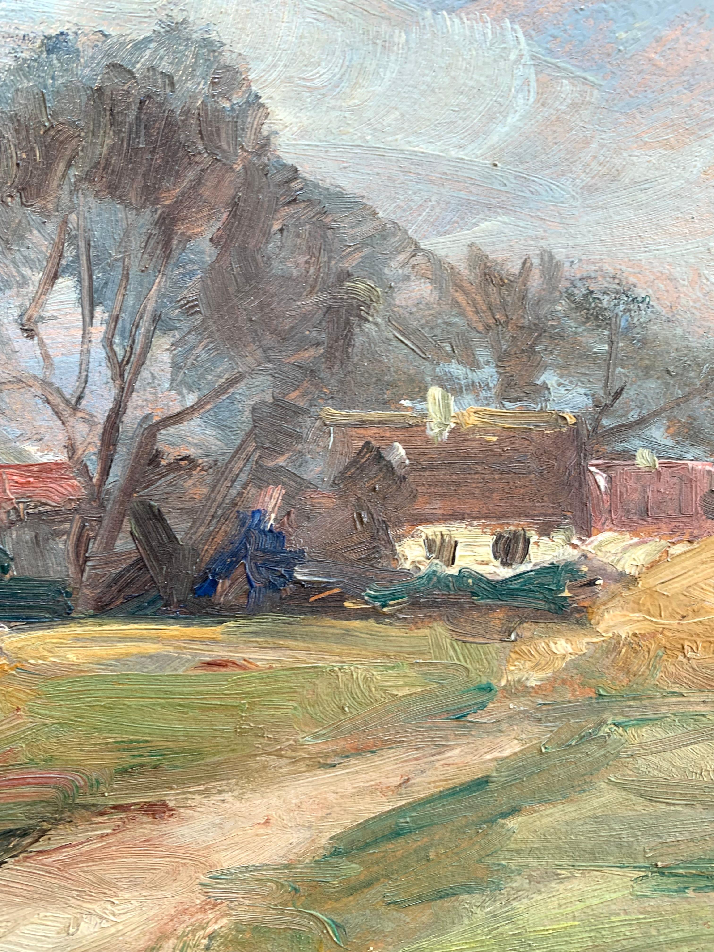 Antique early 20th century oil painting of countryside houses by Jacob Meyer en Bueno estado para la venta en Ebberup, DK