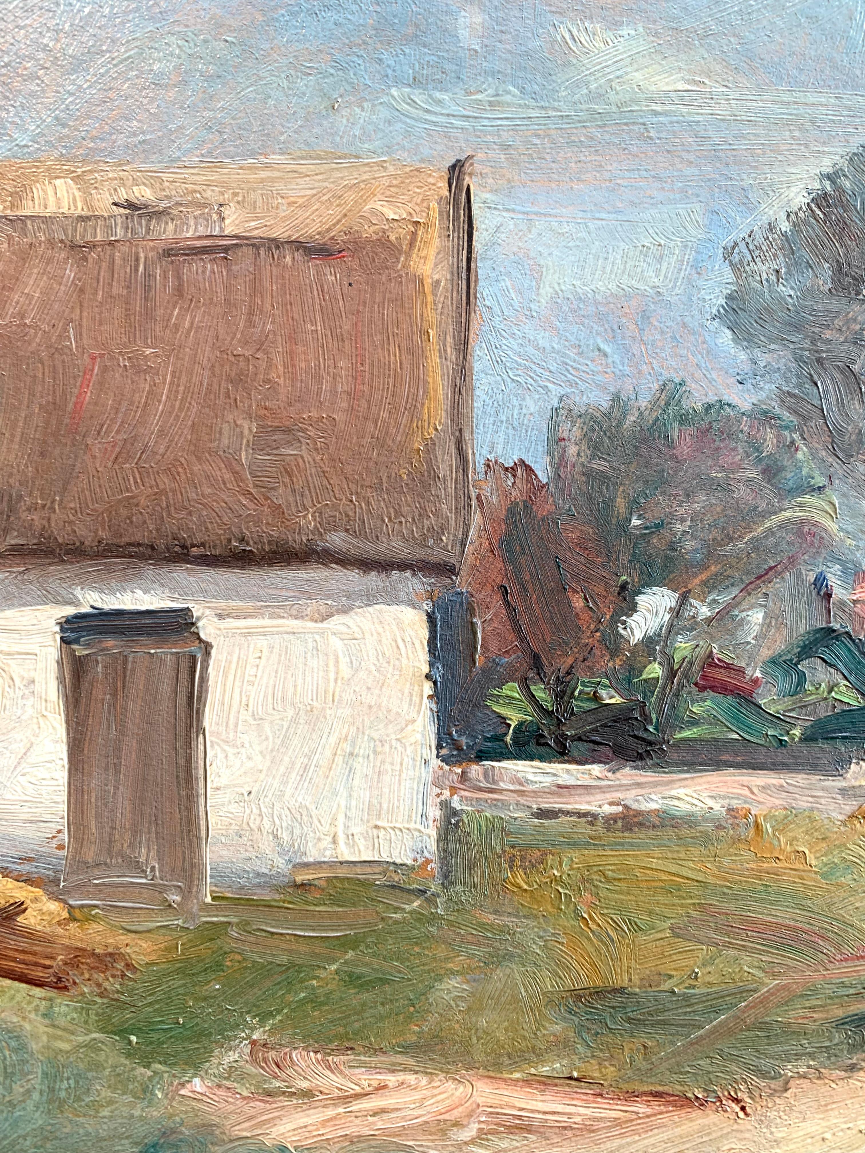 Antique early 20th century oil painting of countryside houses by Jacob Meyer siglo XX en venta