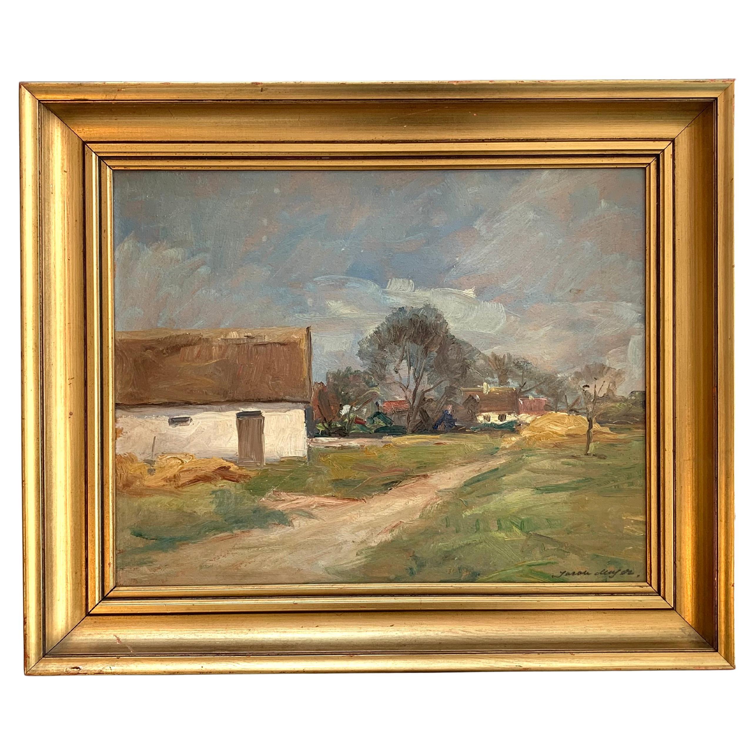 Antique early 20th century oil painting of countryside houses by Jacob Meyer