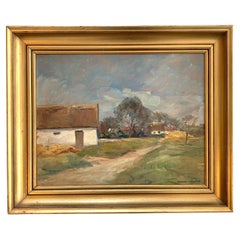 Antique mid 20th century oil painting of countryside houses by Jacob Meyer
