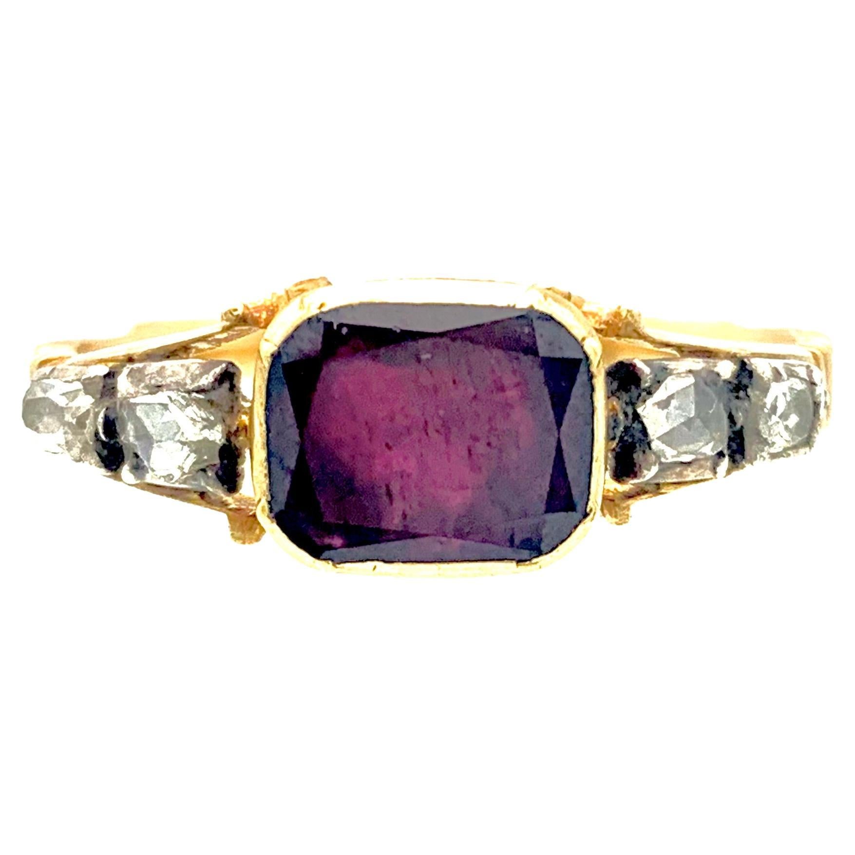 Antique Mid 18th Century Garnet Diamond Gold Ring