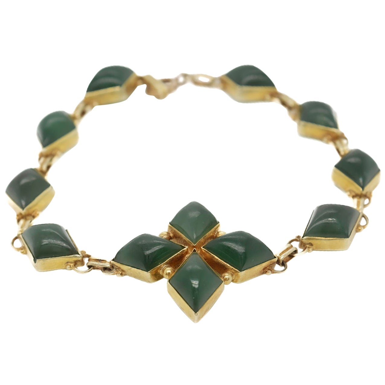 Pulsera antigua de mediados de siglo de oro de 14 quilates y jade verde