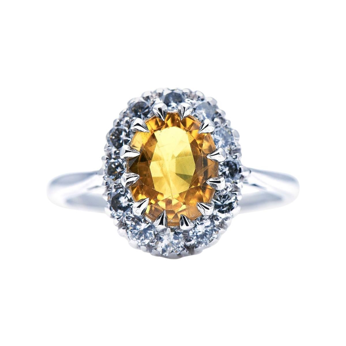 Antique, Mid Century, 18ct White Gold, Yellow Sapphire and Diamond Ring