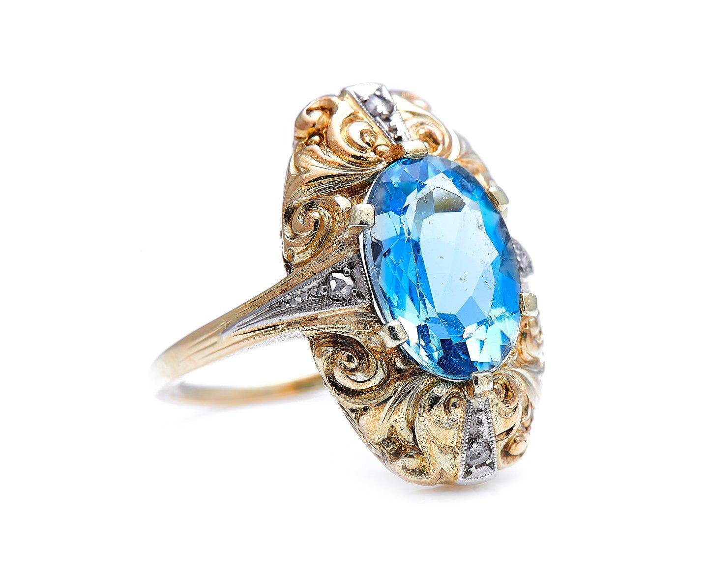Aquamarine and diamond ring, 1930s. Aquamarine is a pale blue variety of the beryl family of minerals. Owing its subtle colouring to iron impurities, aquamarine has long been associated with water, and was traditionally thought to safeguard sailors