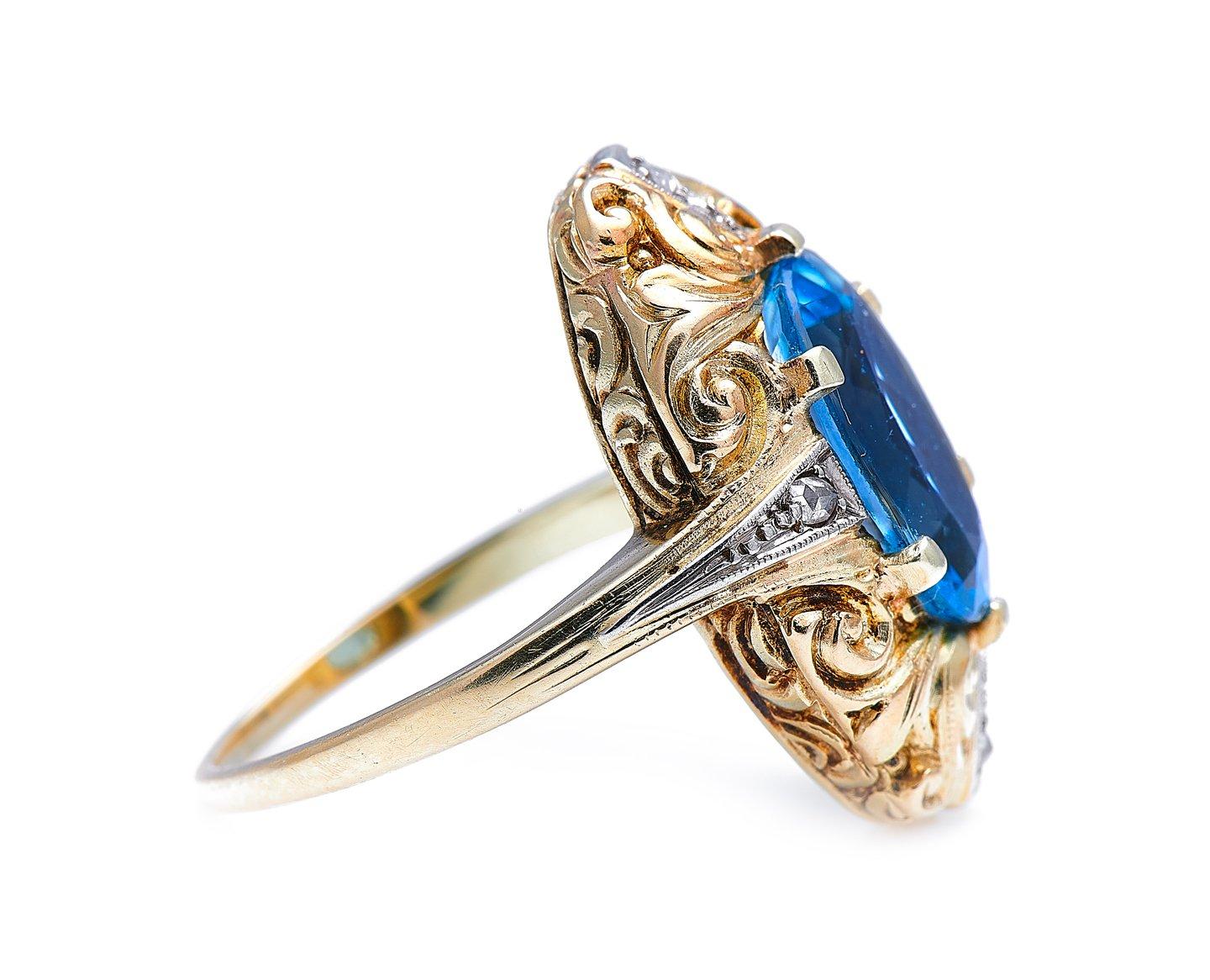 Oval Cut Antique, Midcentury, 1930s, 14 Carat Gold, Aquamarine and Diamond Ring For Sale