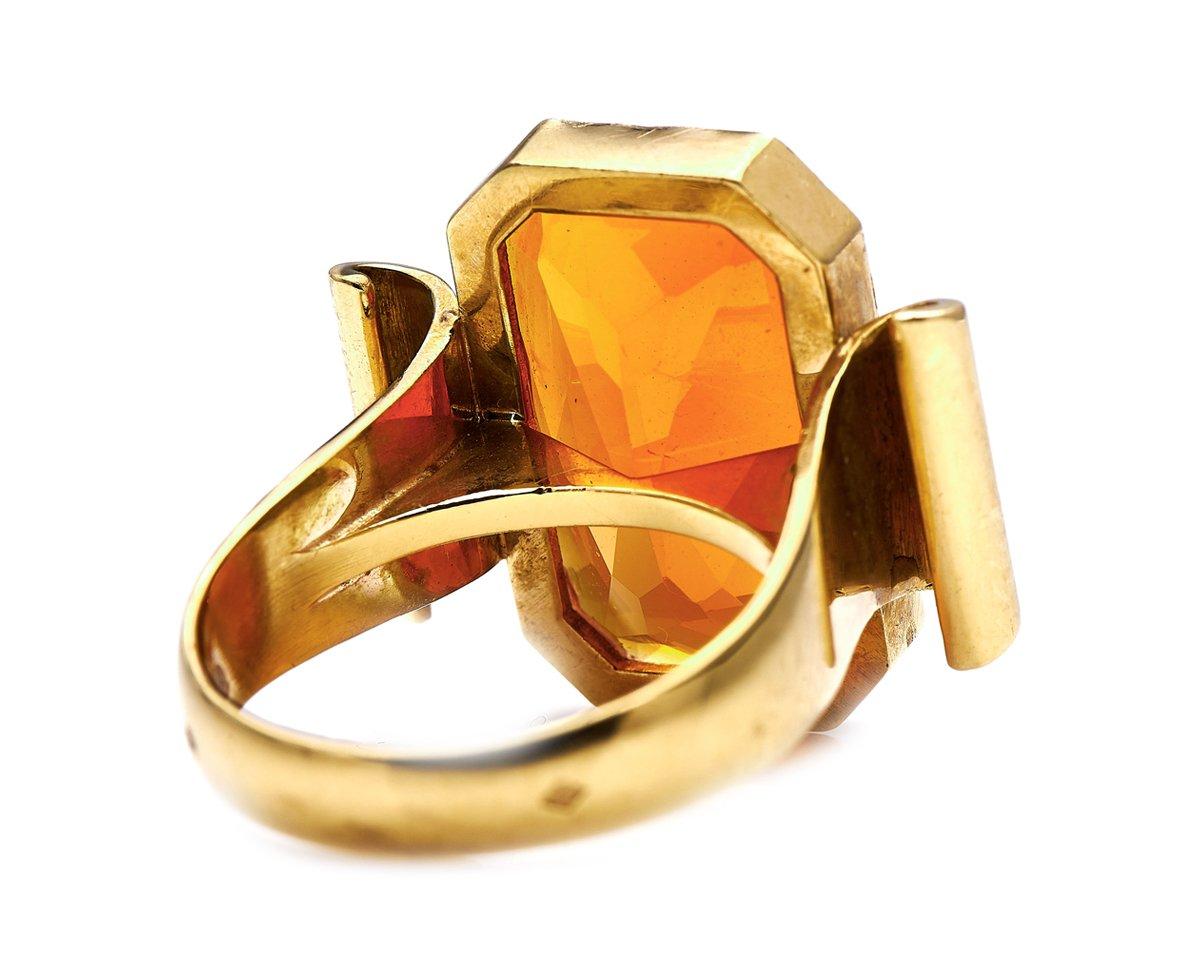 Antique Cushion Cut Antique, Mid Century, 1940s, 18ct Gold, French, Fire Opal Ring