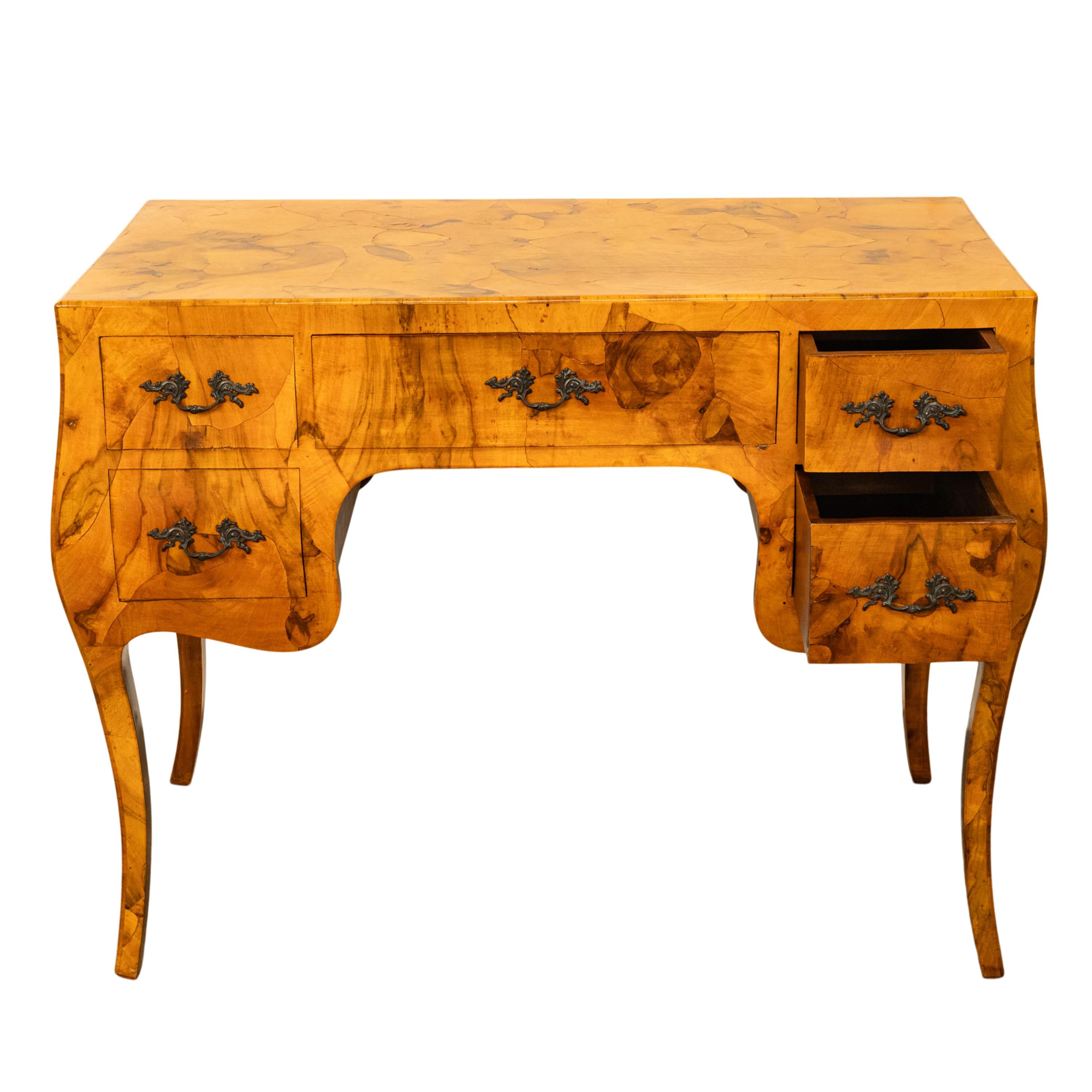 Antique Mid Century Italian Burl Oyster Olive Wood Patchwork Bombe Shaped Desk 4