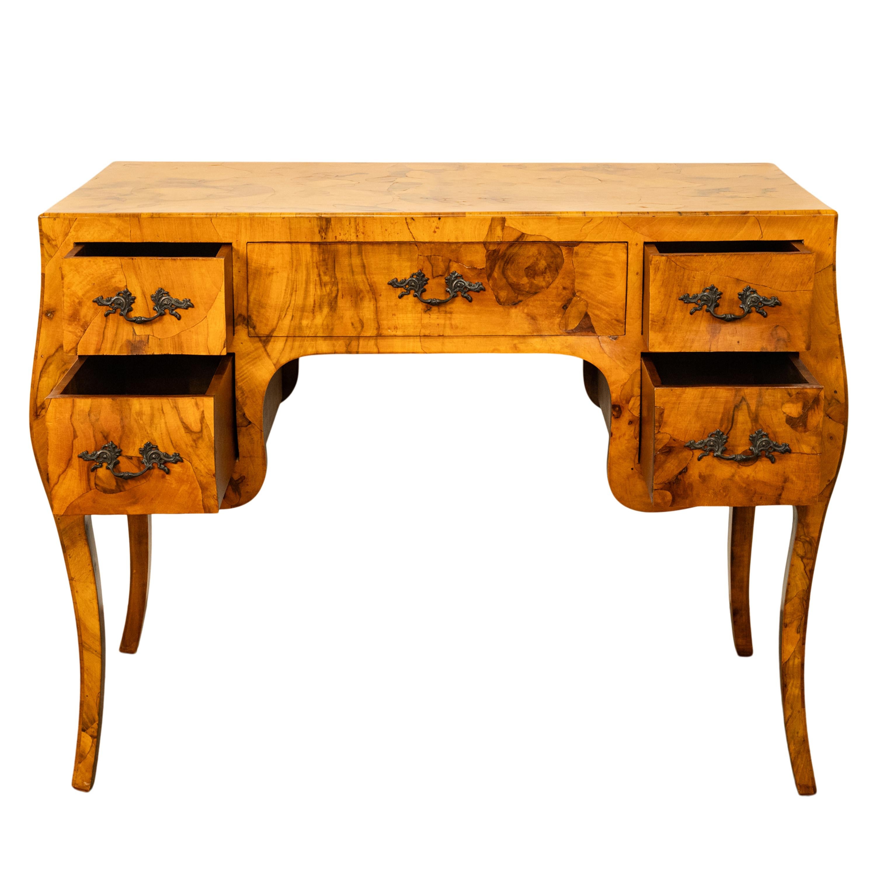 Antique Mid Century Italian Burl Oyster Olive Wood Patchwork Bombe Shaped Desk 5