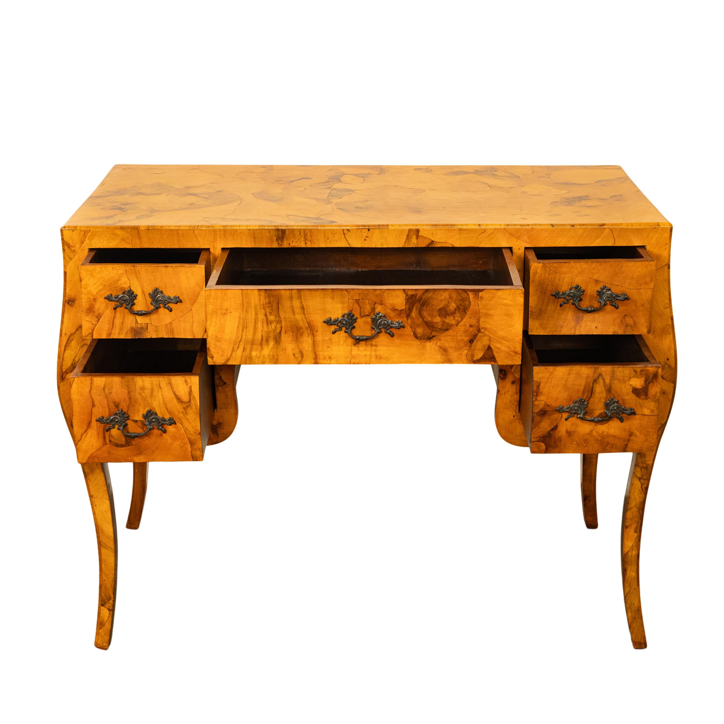 Antique Mid Century Italian Burl Oyster Olive Wood Patchwork Bombe Shaped Desk 6