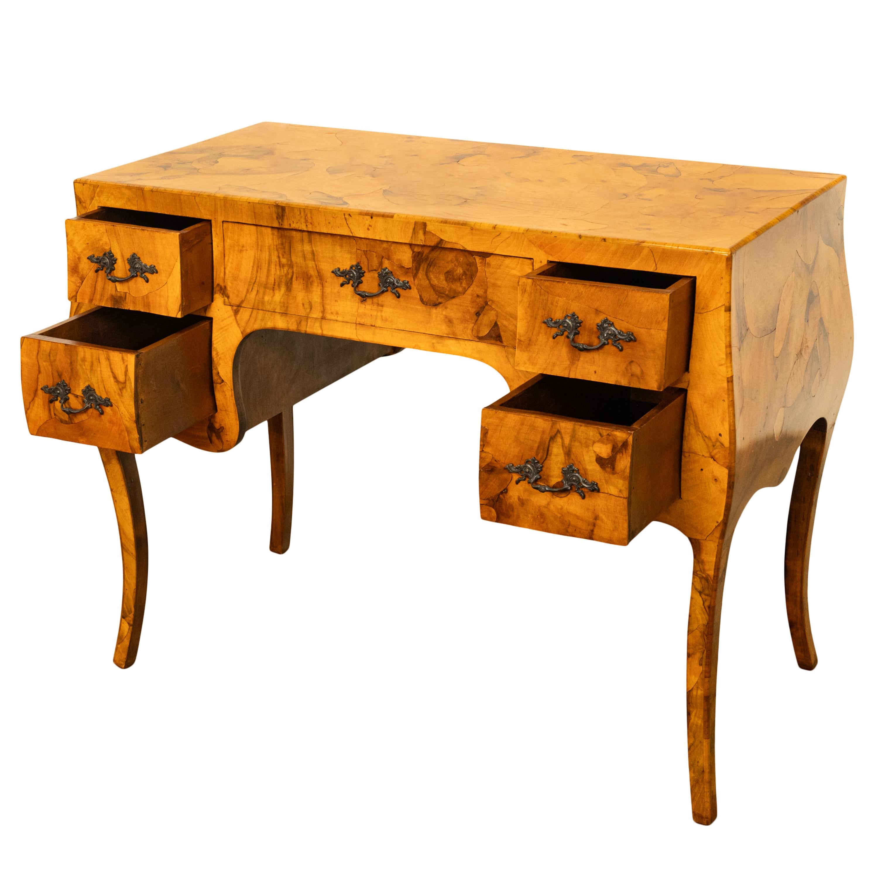 Antique Mid Century Italian Burl Oyster Olive Wood Patchwork Bombe Shaped Desk 7