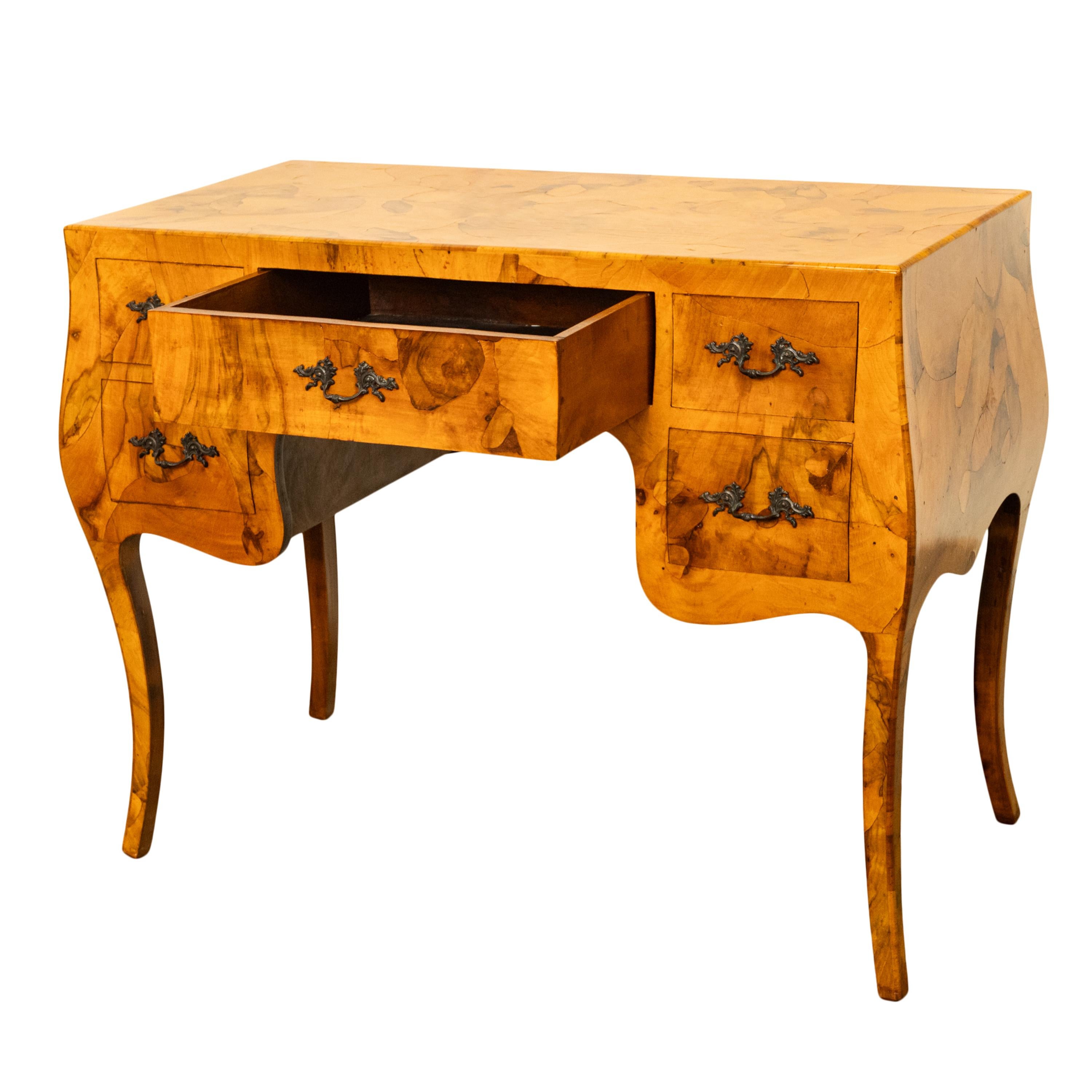 Antique Mid Century Italian Burl Oyster Olive Wood Patchwork Bombe Shaped Desk 8