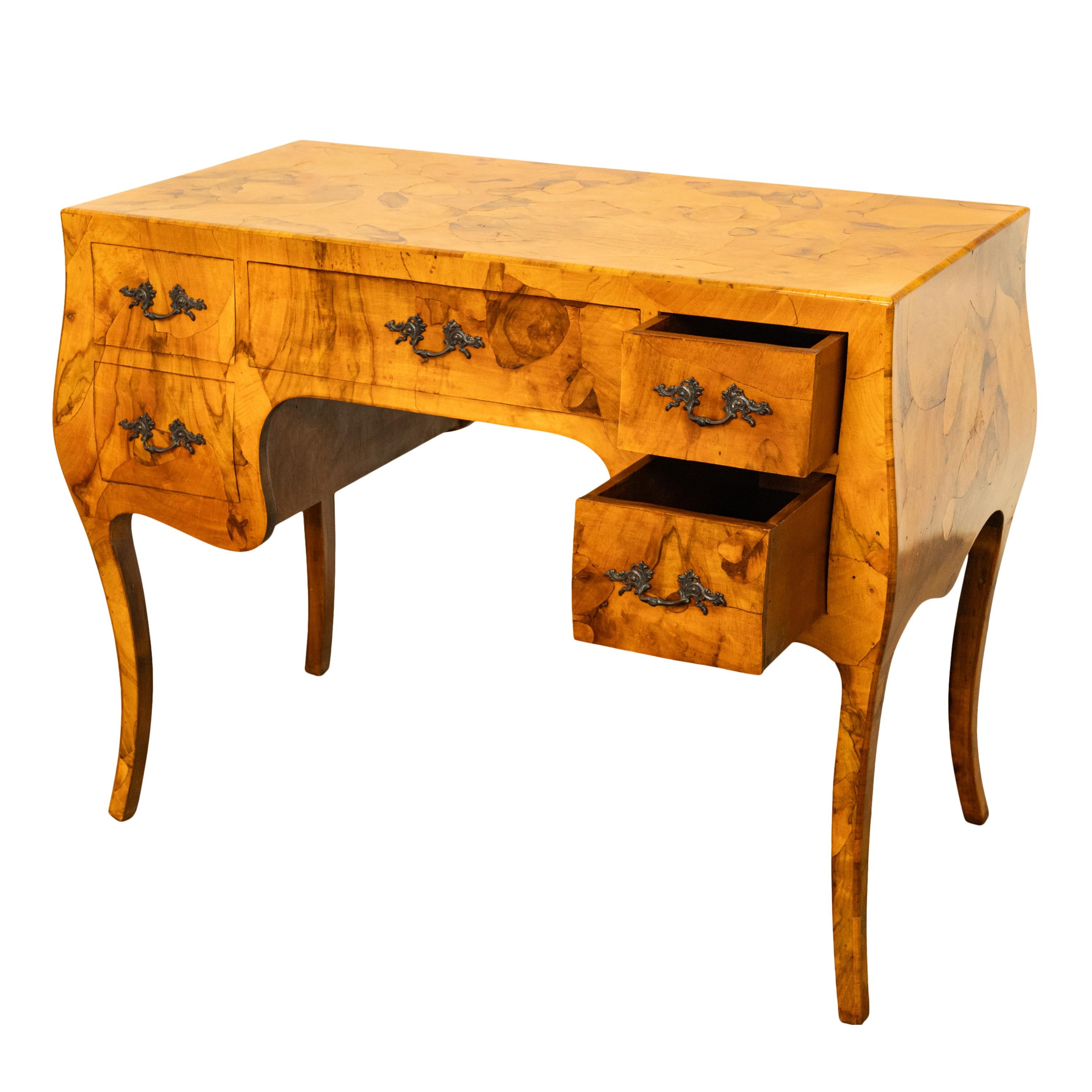 Antique Mid Century Italian Burl Oyster Olive Wood Patchwork Bombe Shaped Desk 9