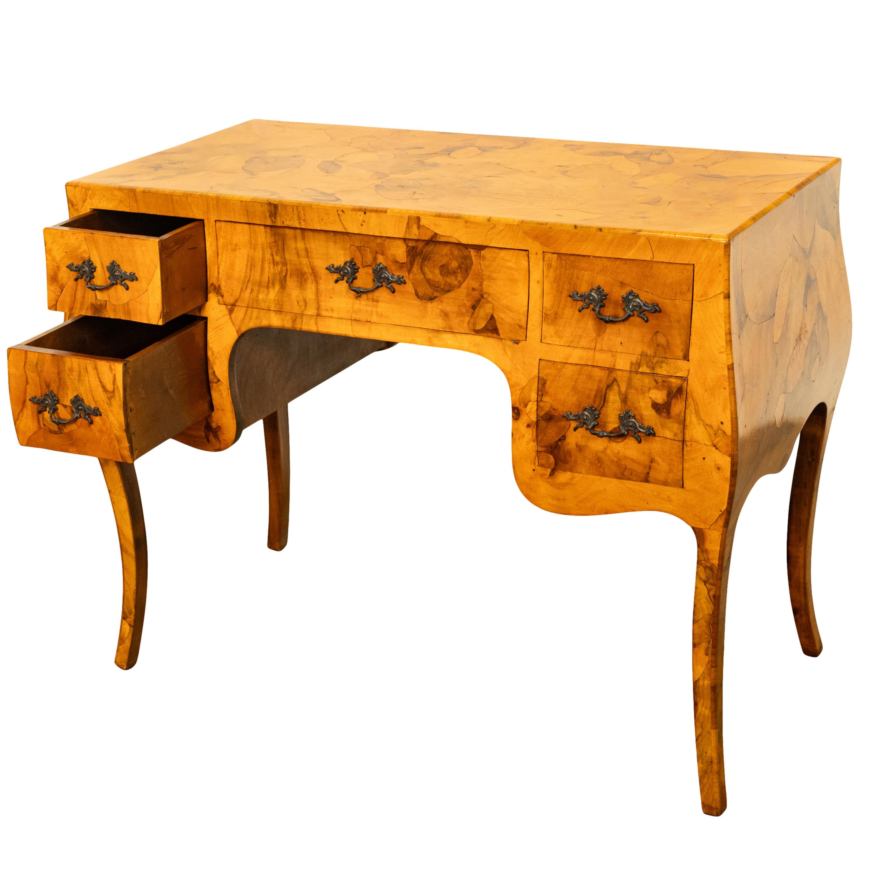 Antique Mid Century Italian Burl Oyster Olive Wood Patchwork Bombe Shaped Desk 10